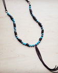 **Ocean Agate Necklace with Wood Beads and Leather Tassel 260b