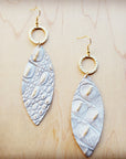 **Narrow Leather Oval Earrings White & Gold Gator w/ Matte Gold Hoop 210x