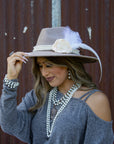 Lace & Pearl Hat Band w/ Silk Flower & Feathers-Ivory (Band Only) 952u