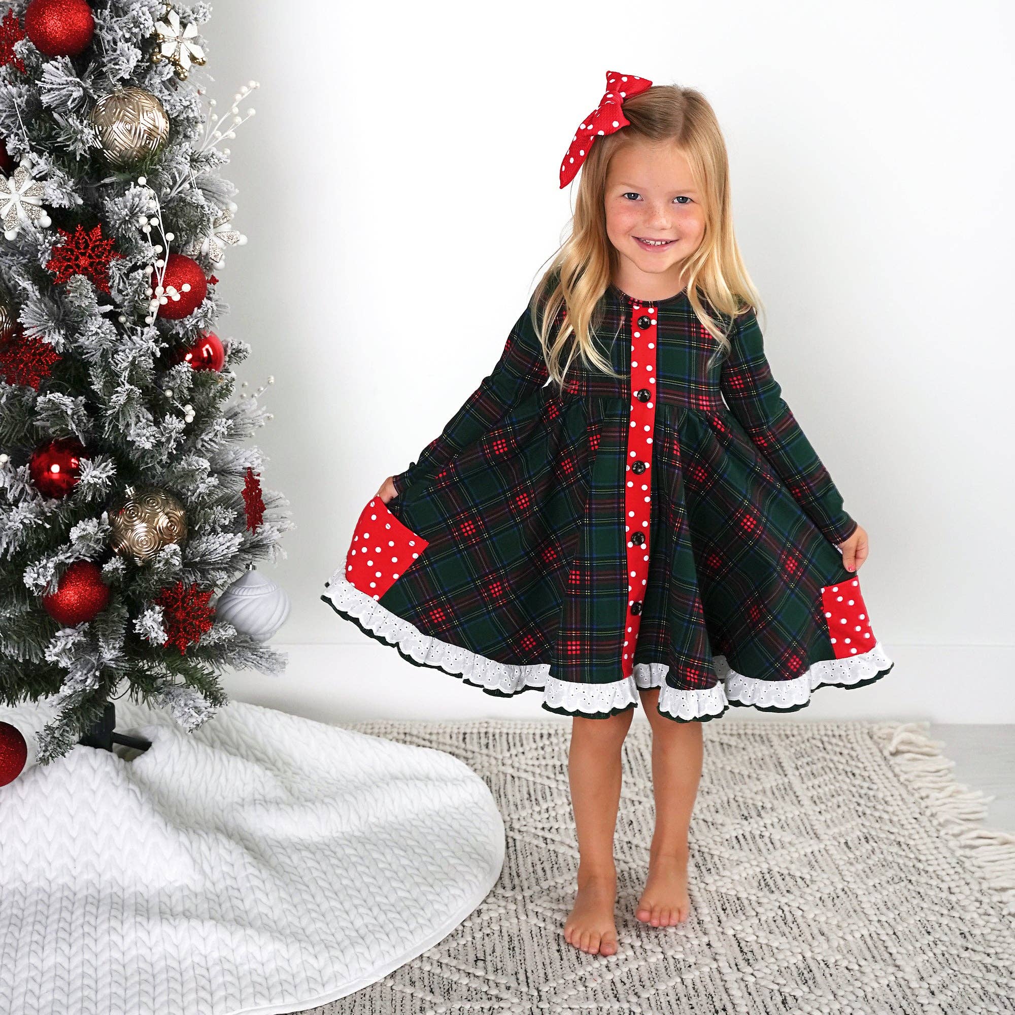 Kane Tartan &amp; Ruby Dot Button Dress Christmas Tartan