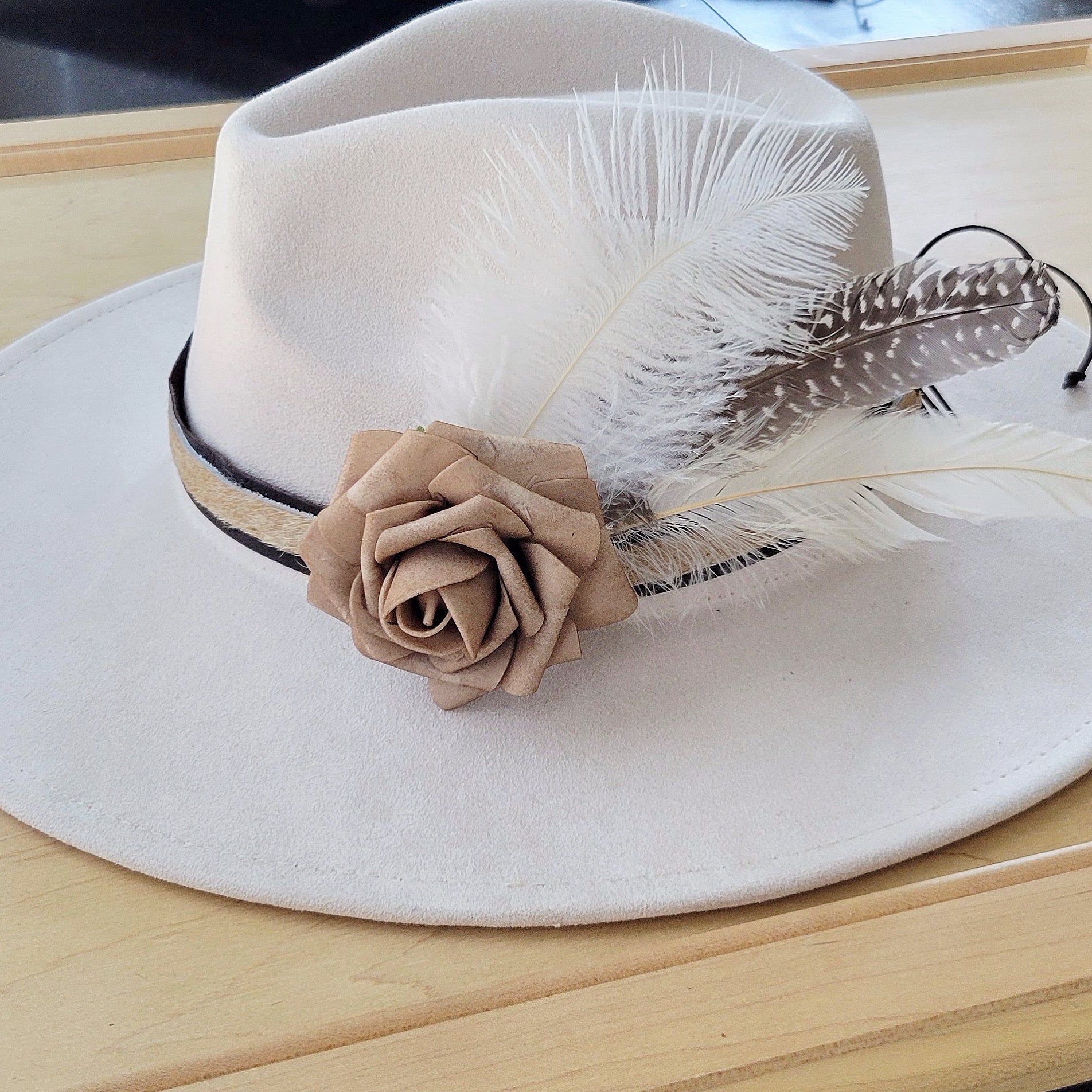 Leather Hat Band w/ Silk Flower &amp; Feathers-Coffee (Band Only) 952y