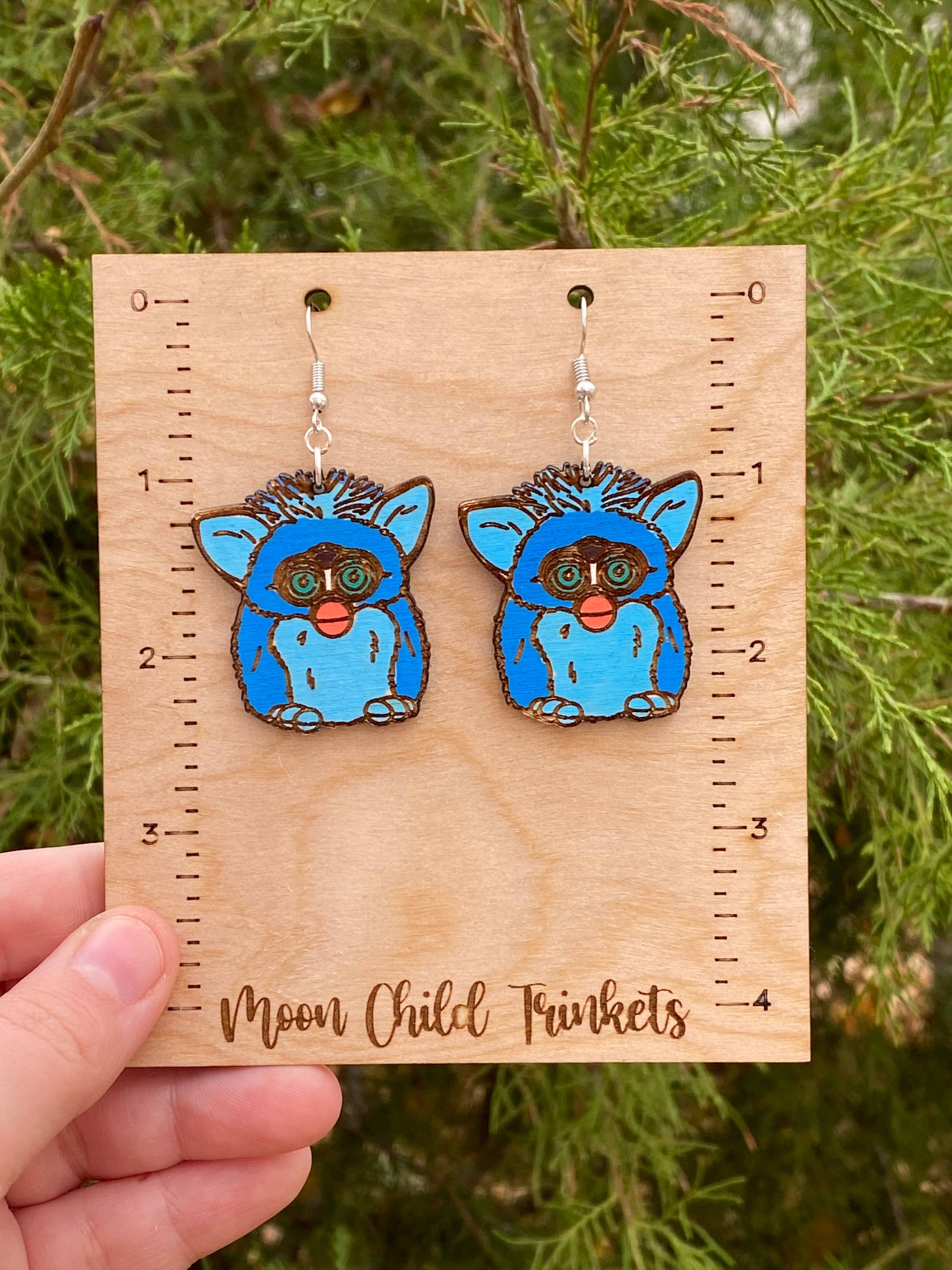 Furby Toy Pet Y2K inspired hand painted wood earrings