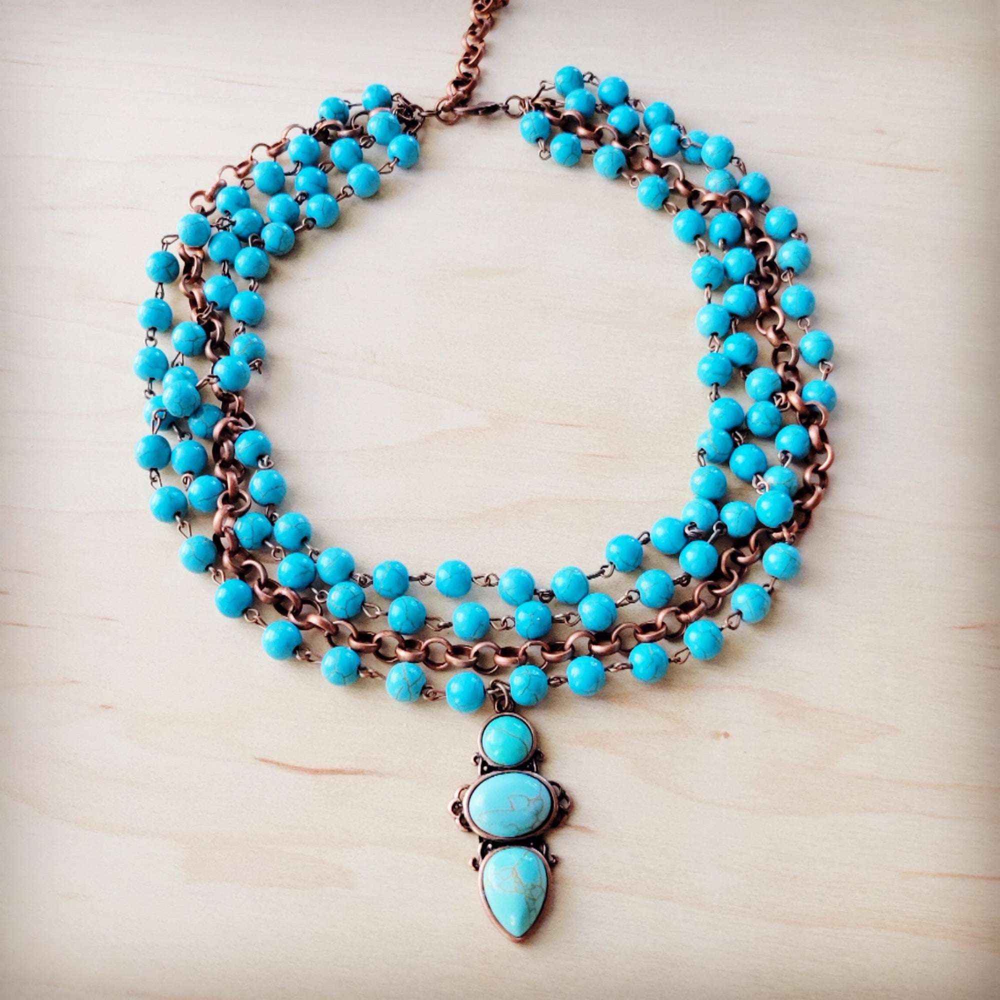 Triple Strand Turquoise &amp; Copper Collar Necklace w/ Droplet Pendant 257lm