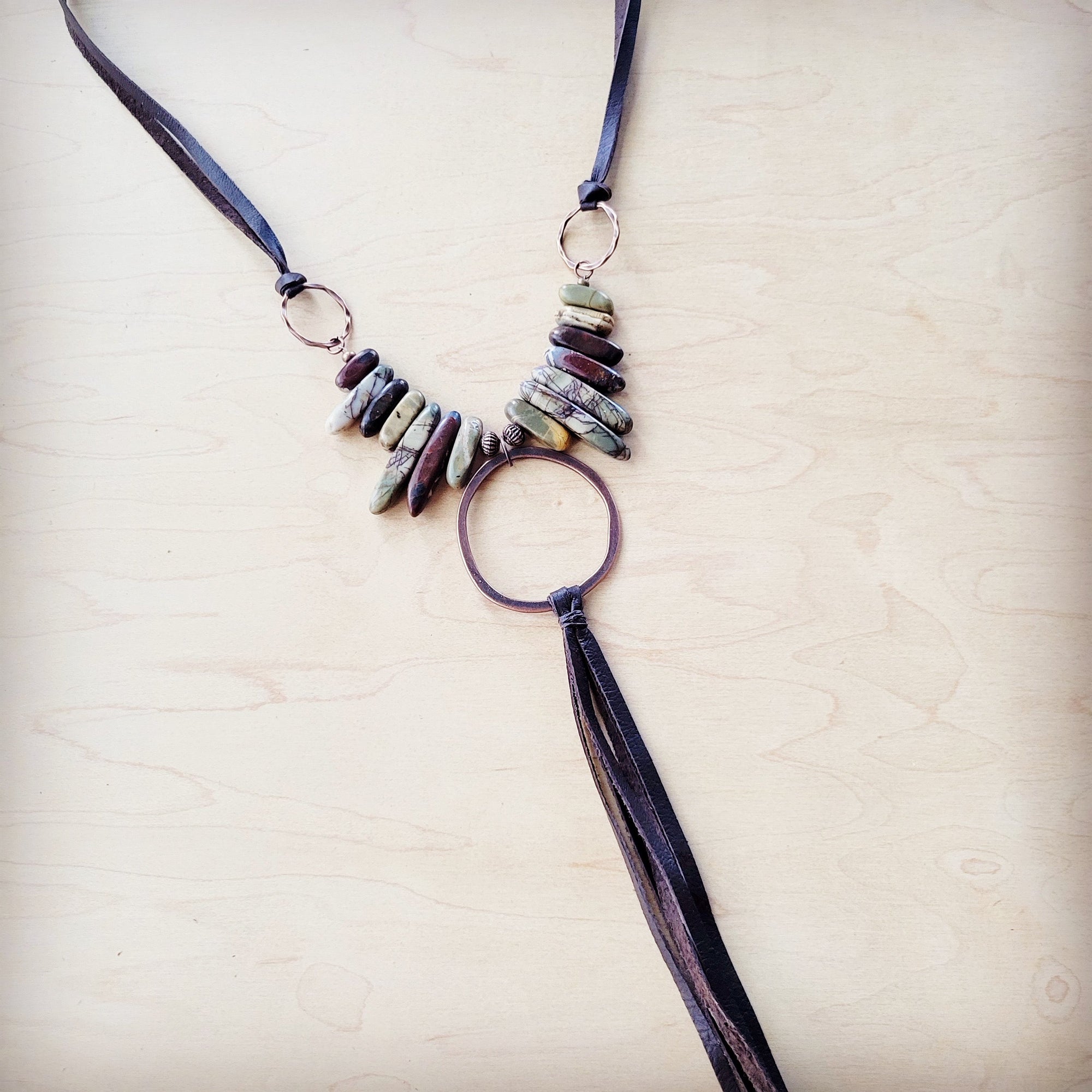 Picasso Jasper Necklace w/ Copper Hoop &amp; Leather Tassel 261e