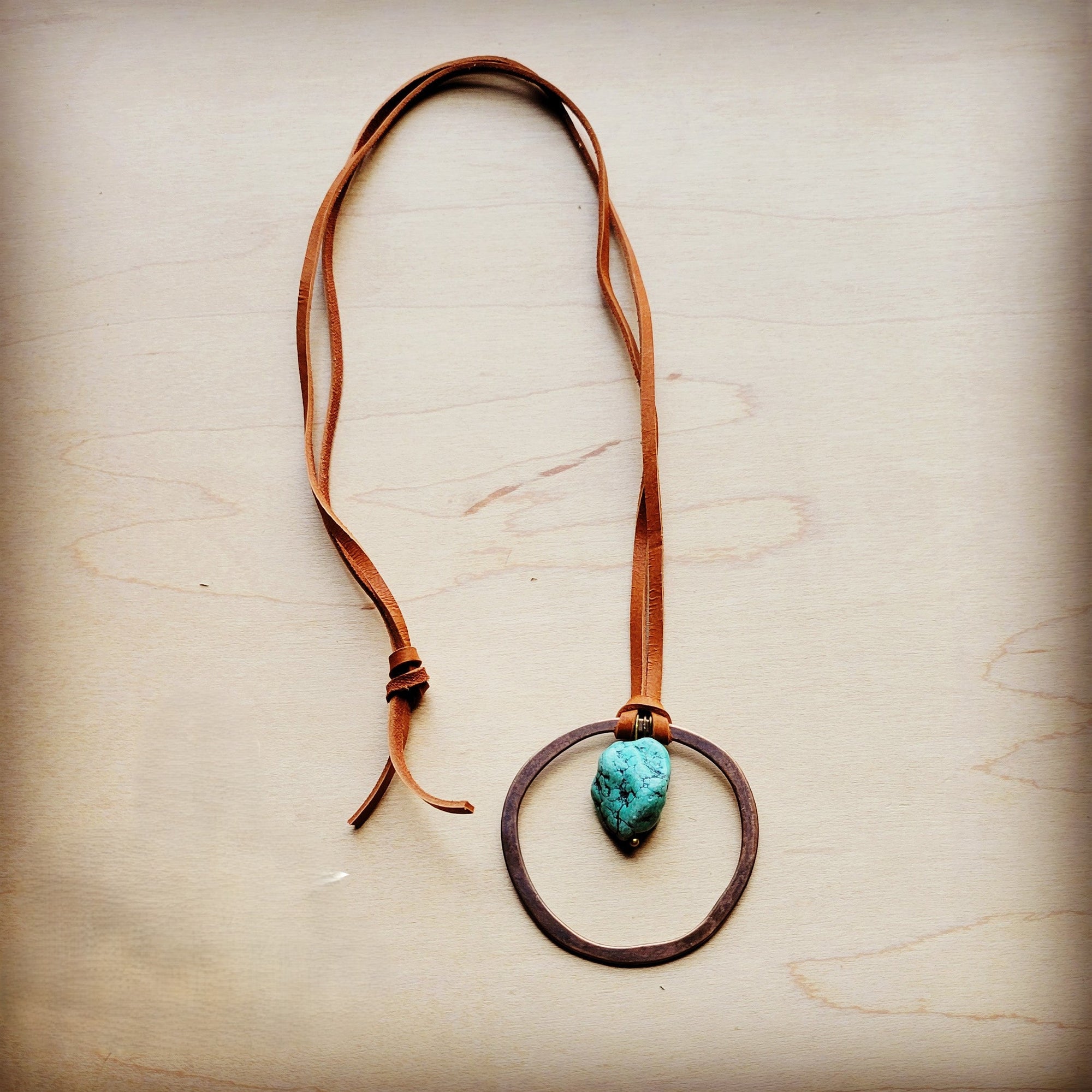 Leather Cord Necklace Antique Gold Hoop &amp; Natural Turquoise  254v