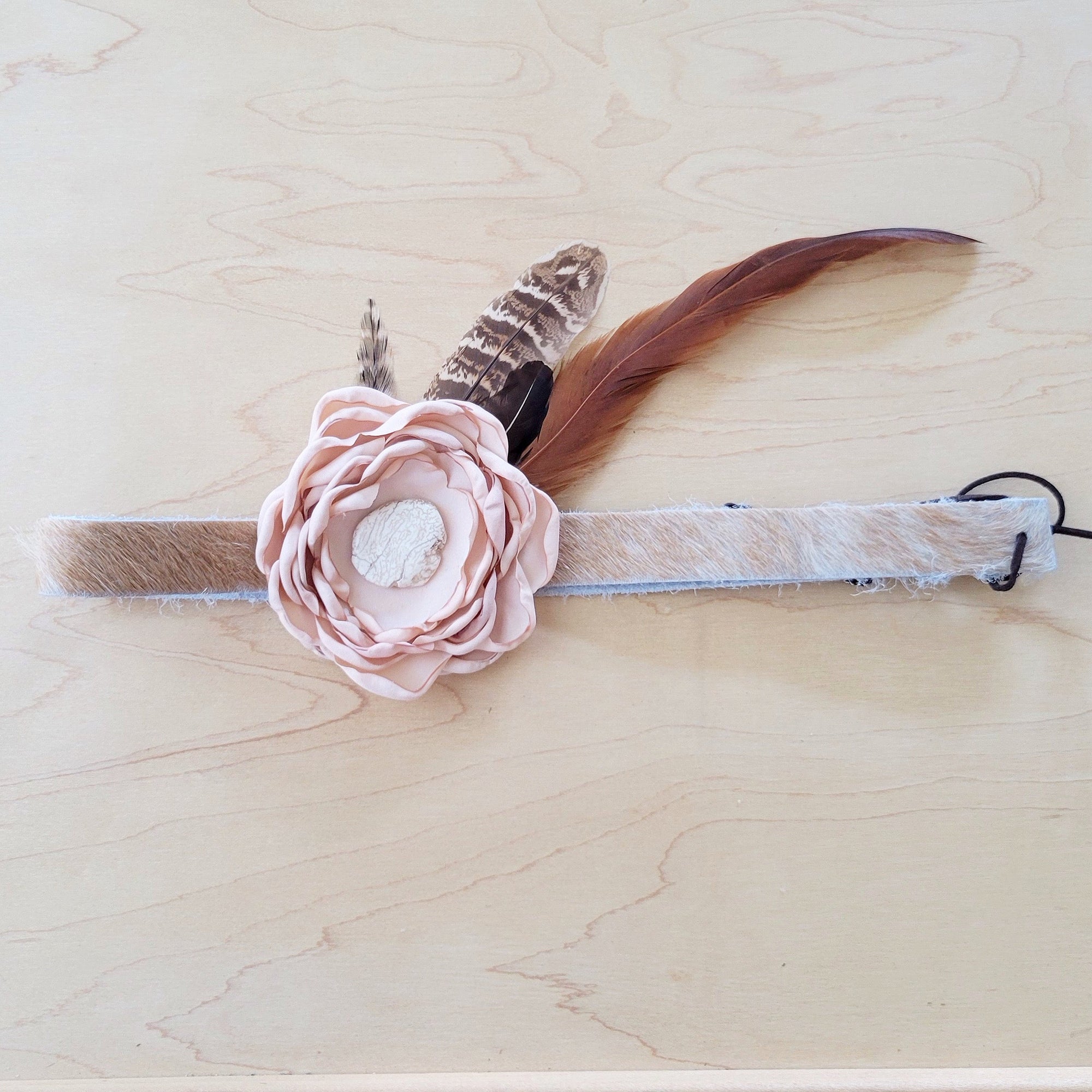Leather Hat Band w/ Silk Flower &amp; Feathers-Blush (Band Only) 953a