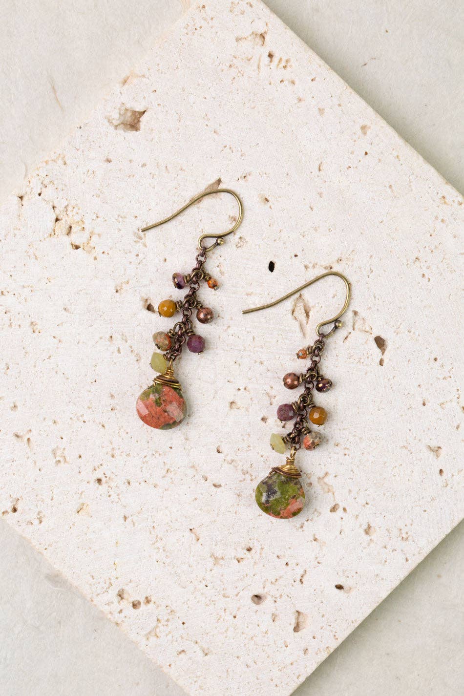 Unakite, Afghan Jade and Mookaite Cluster Earrings