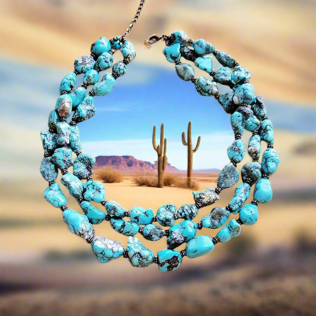 Large Triple Strand Blue Turquoise &amp; Copper Collar Necklace 259d
