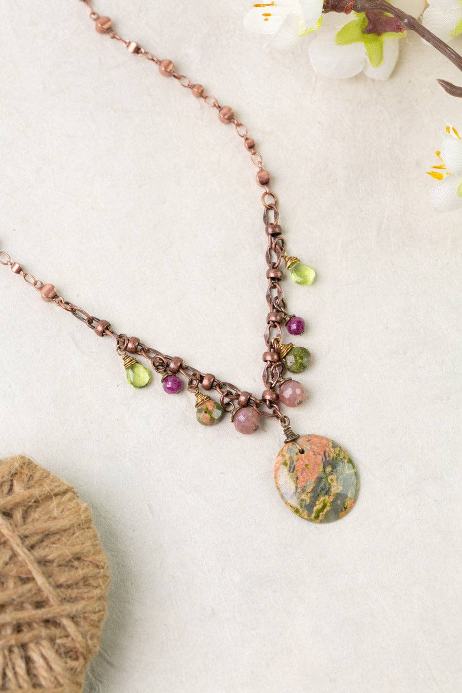 Peridot, Ruby and Unakite Necklace
