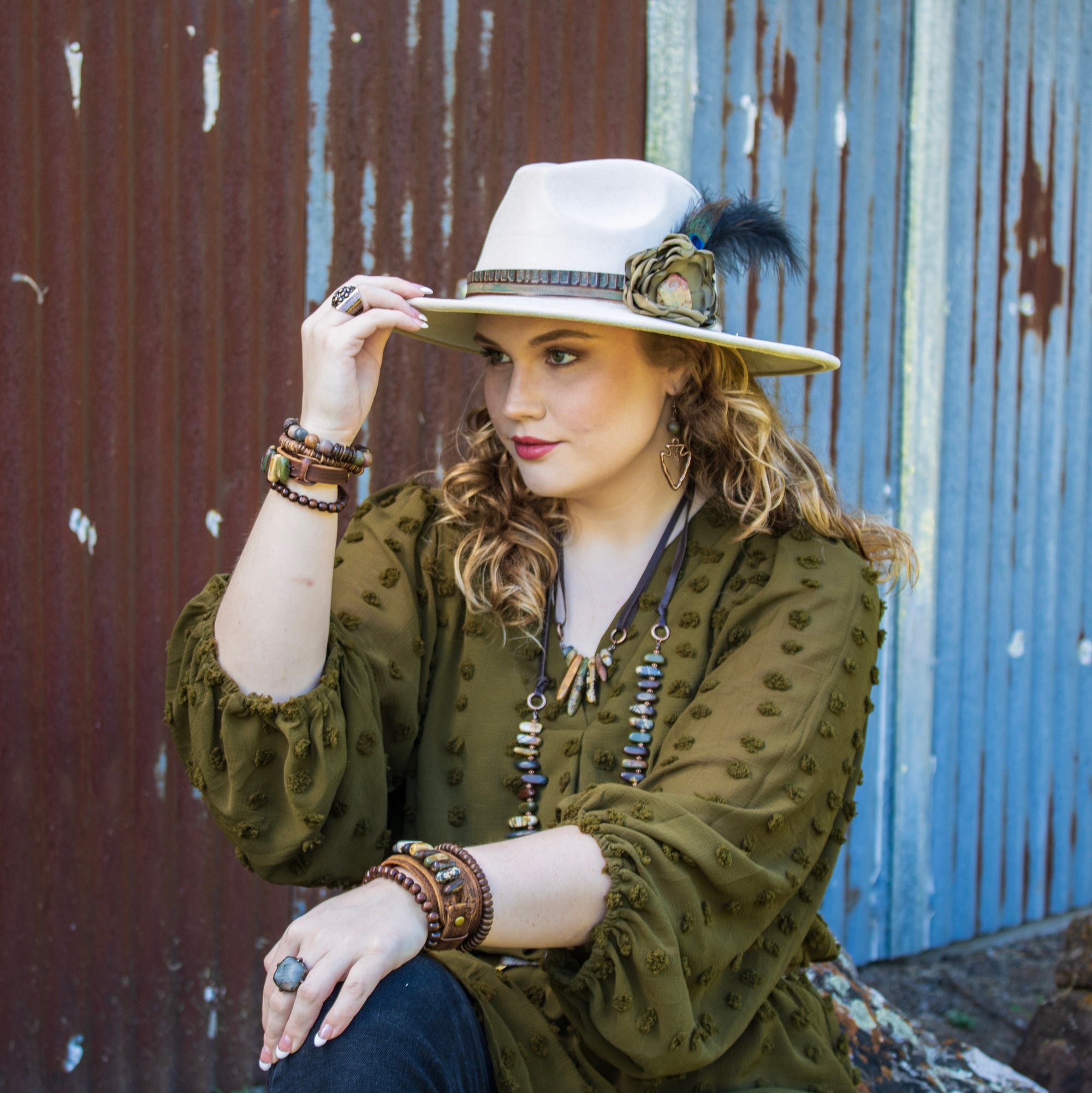 Leather Hat Band w/ Silk Flower &amp; Feathers-Olive (Band Only) 952z