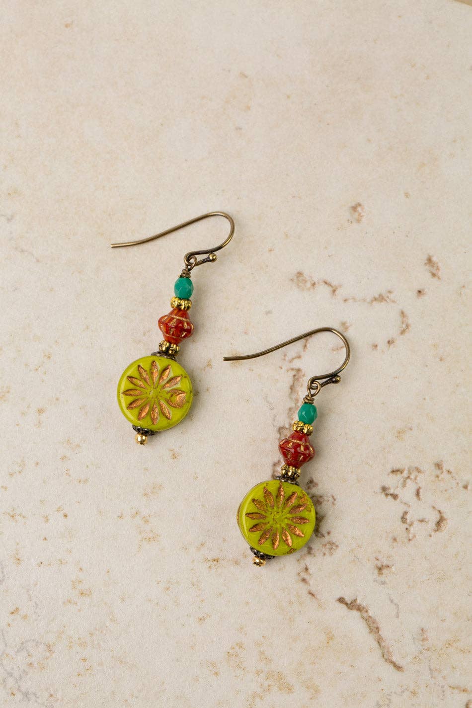 Czech Glass and Lime Flower Earrings