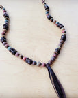 **Picasso Jasper Necklace with Wood Beads and Leather Tassel 261i