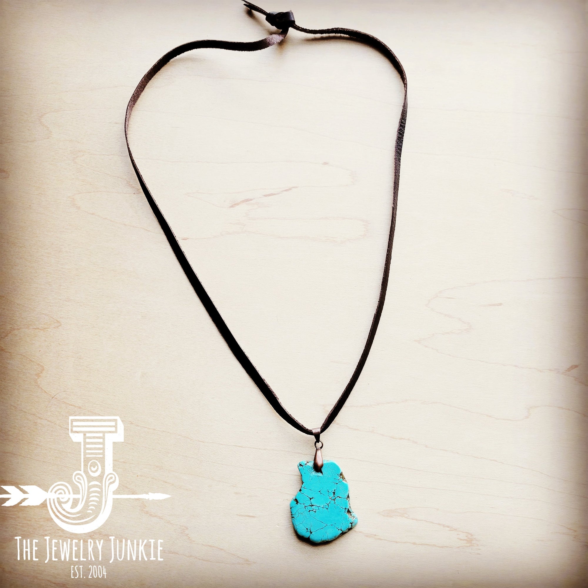 **Turquoise Slab Pendant on Leather Cord Necklace 254d