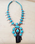 Turquoise Squash Blossom Necklace w/ Short Black Tassel 261y