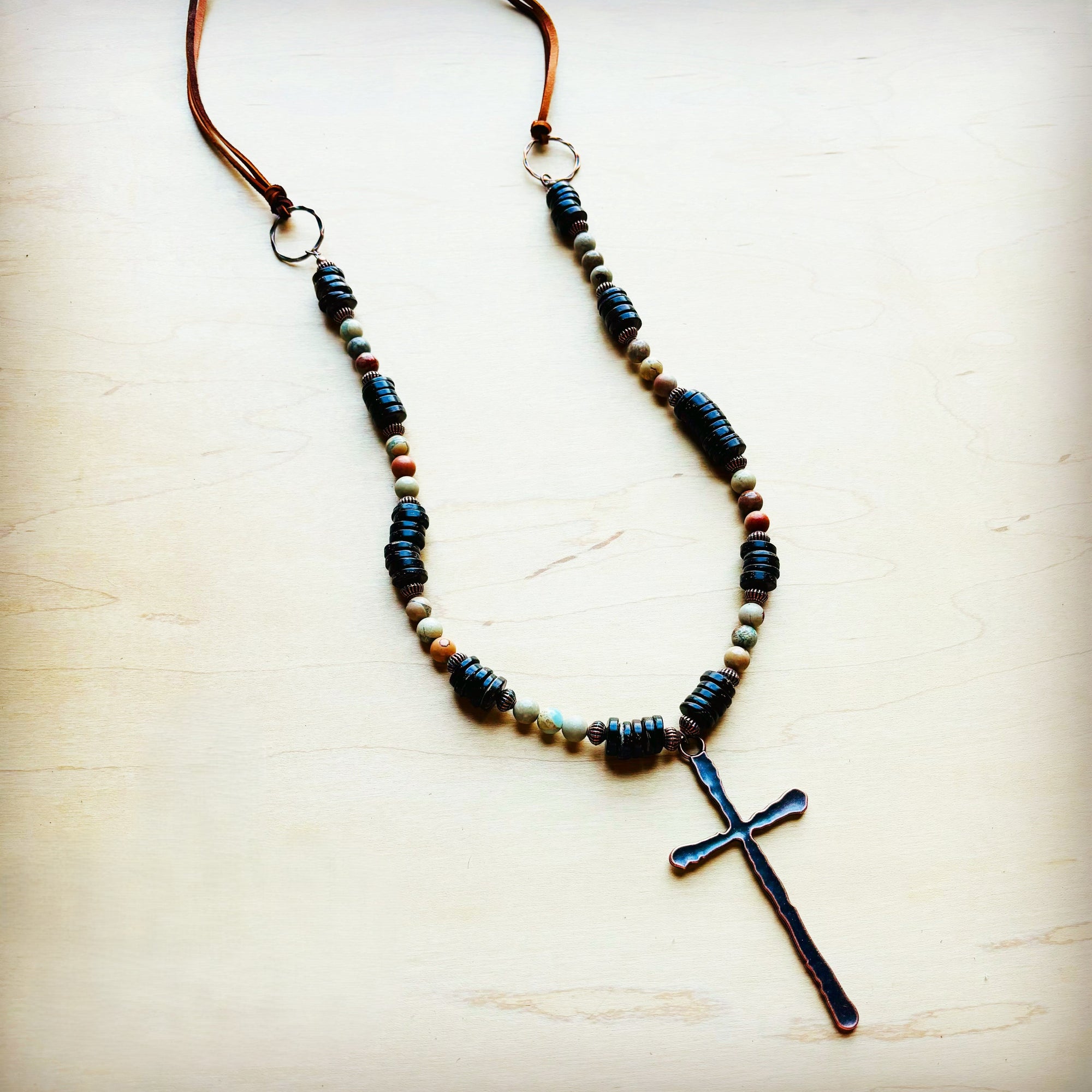**Aqua Terra Wood Necklace with Copper Cross 237d