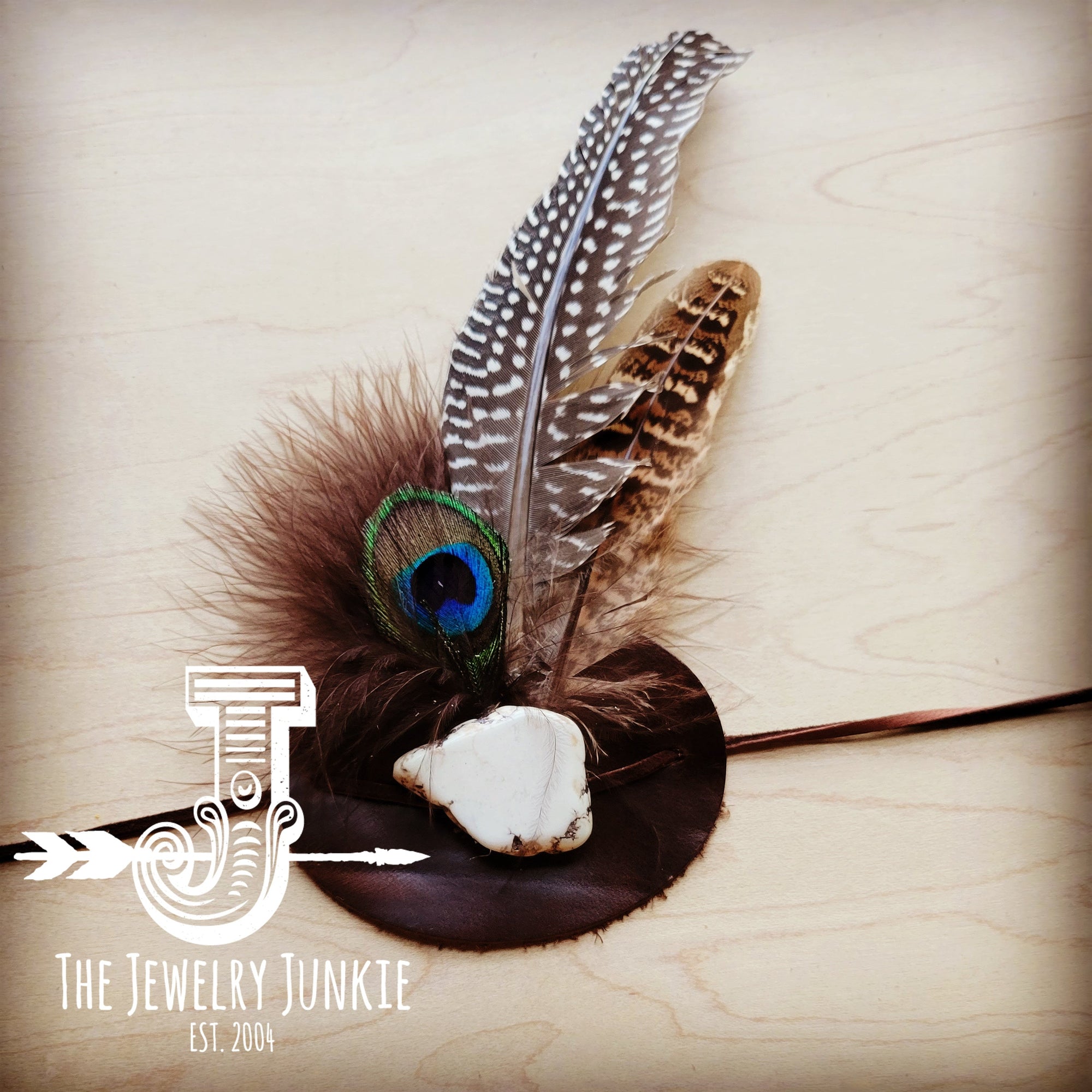 White Turq, Peacock Feather, &amp; Leather Hat Band (Band Only) 980v