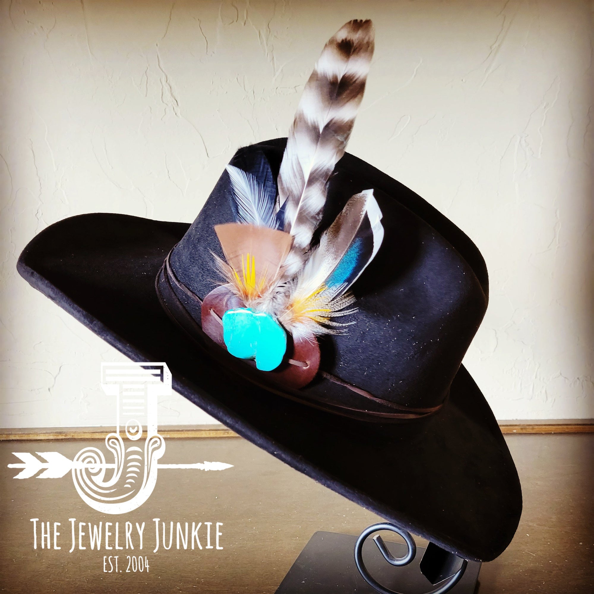 Blue Turquoise, Tan Feather &amp; Leather Hat Band (Band Only) 981a
