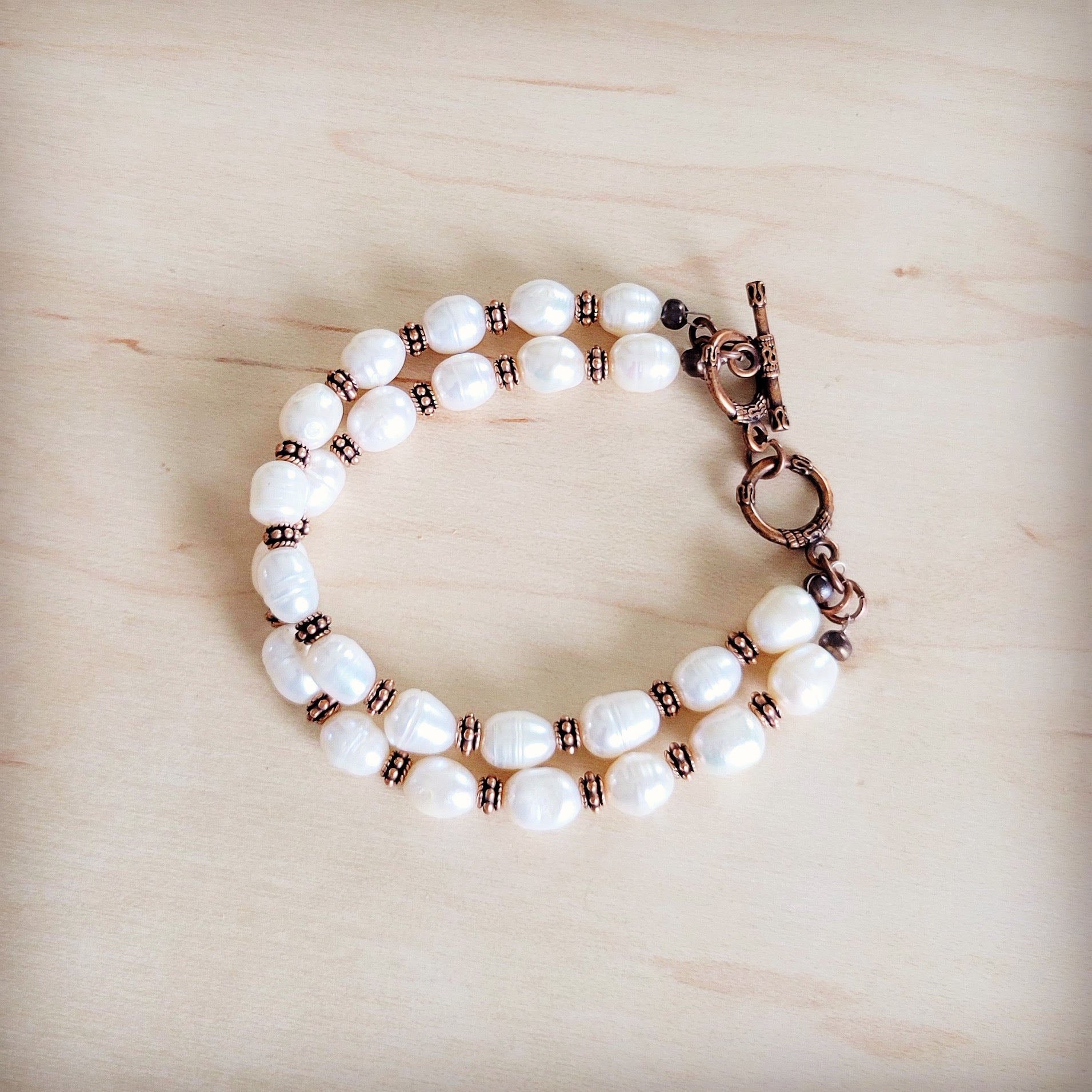 Freshwater Pearl &amp; Copper Boho Beaded Double Strand Bracelet 811y