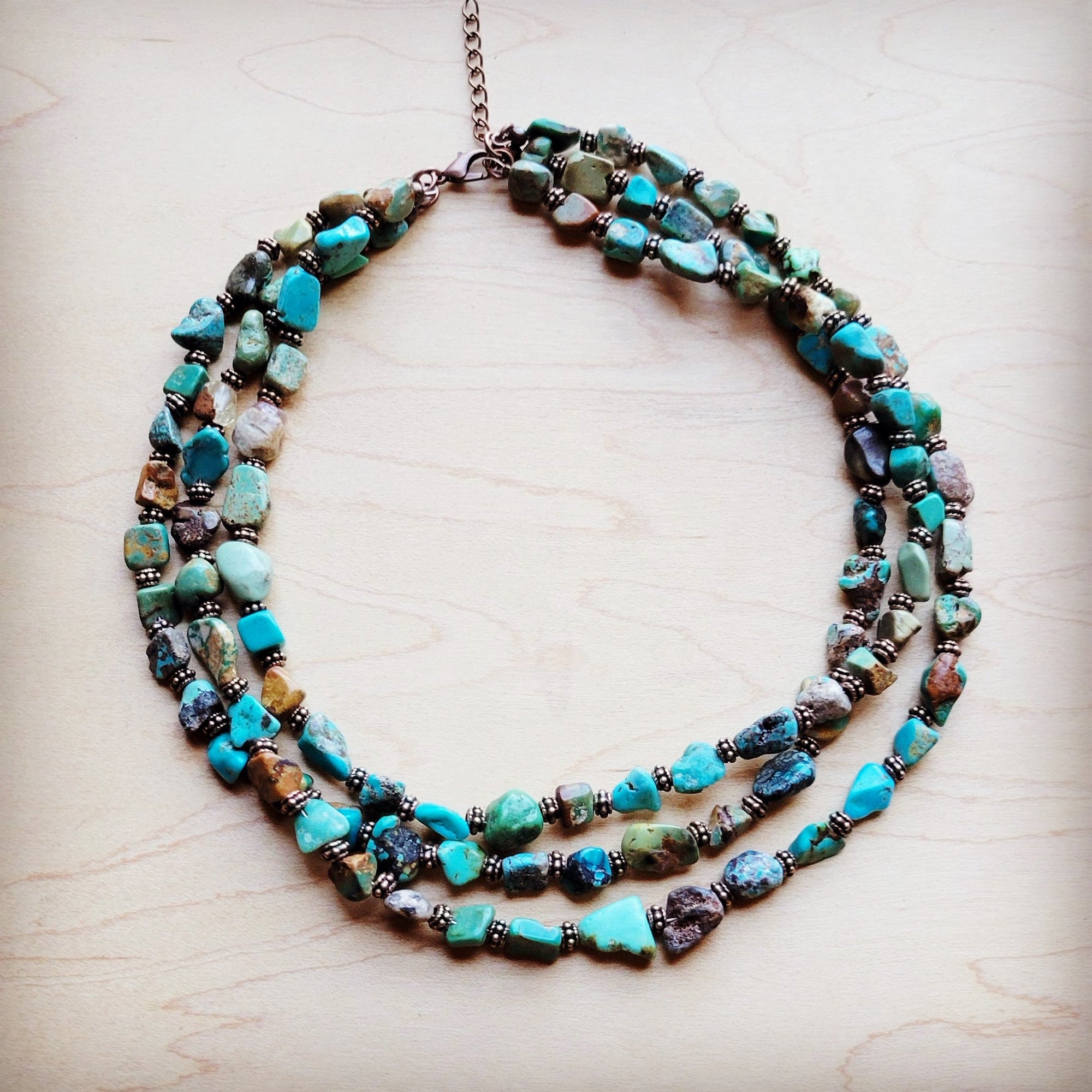 Genuine HuBei Turquoise &amp; Copper Triple Strand Necklace 259t