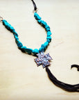 **Chunky Magnesite Beaded Cross Necklace w/ Leather Tassel 258j