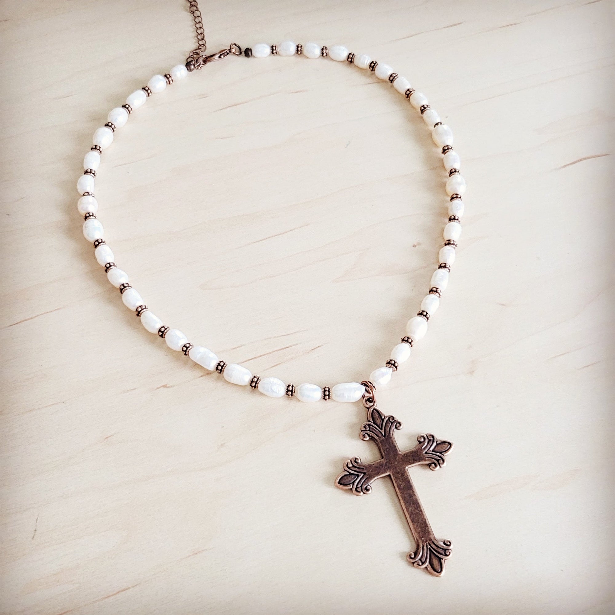 Genuine Freshwater Pearl Collar Boho Necklace w/ Cross 263s