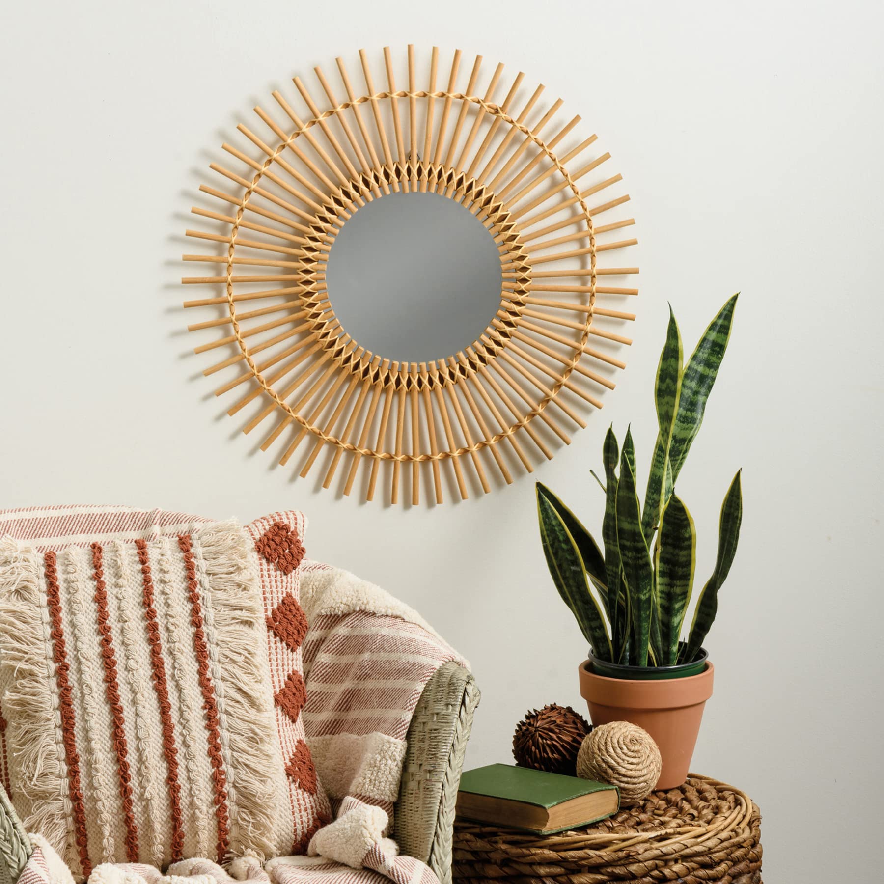 Large Round Rattan Sunburst Decorative Mirror