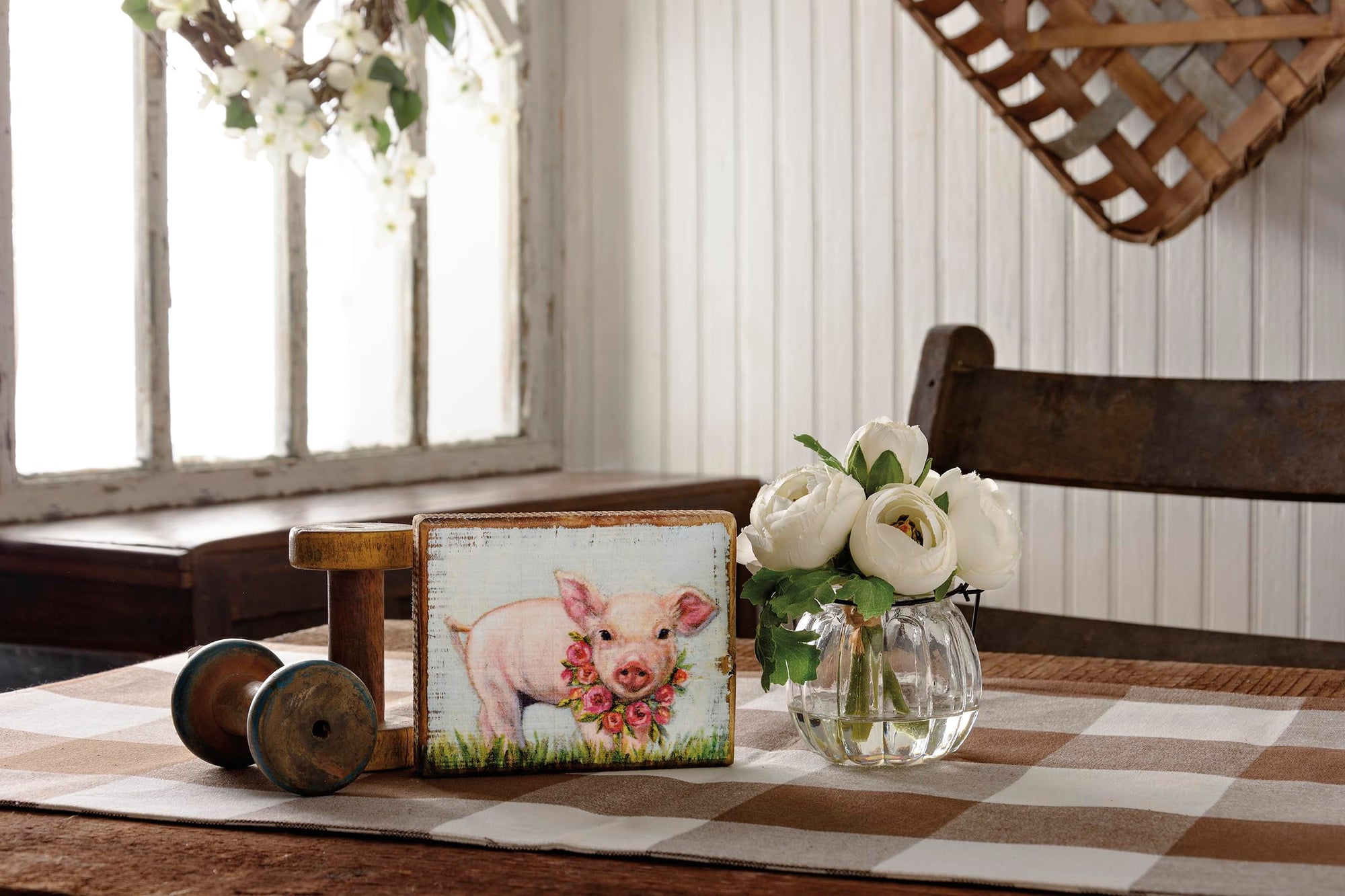 Adoring Piglet With Floral Wreath Decor