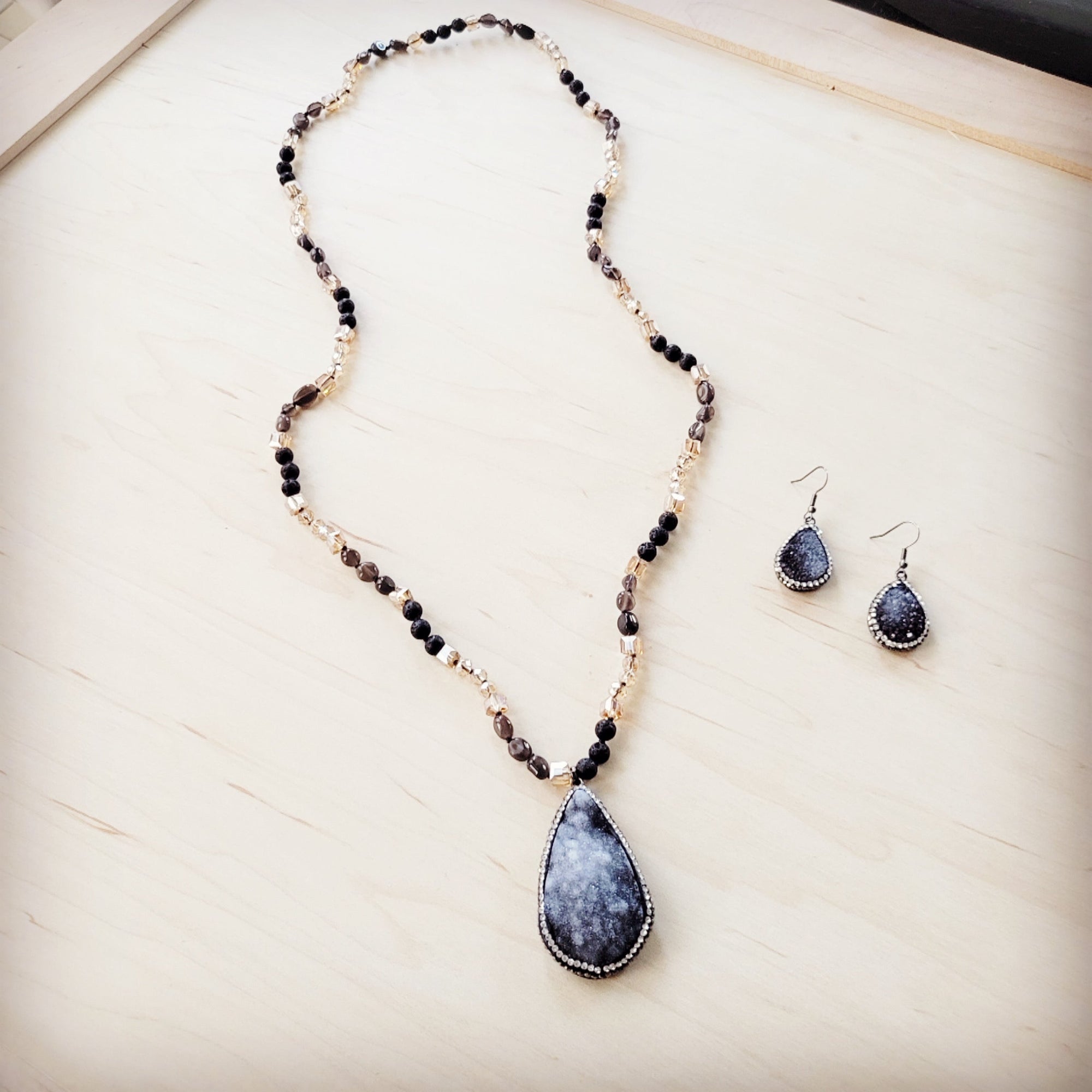 Black Lava Beaded Necklace w/ Druzy Pendant 257lb