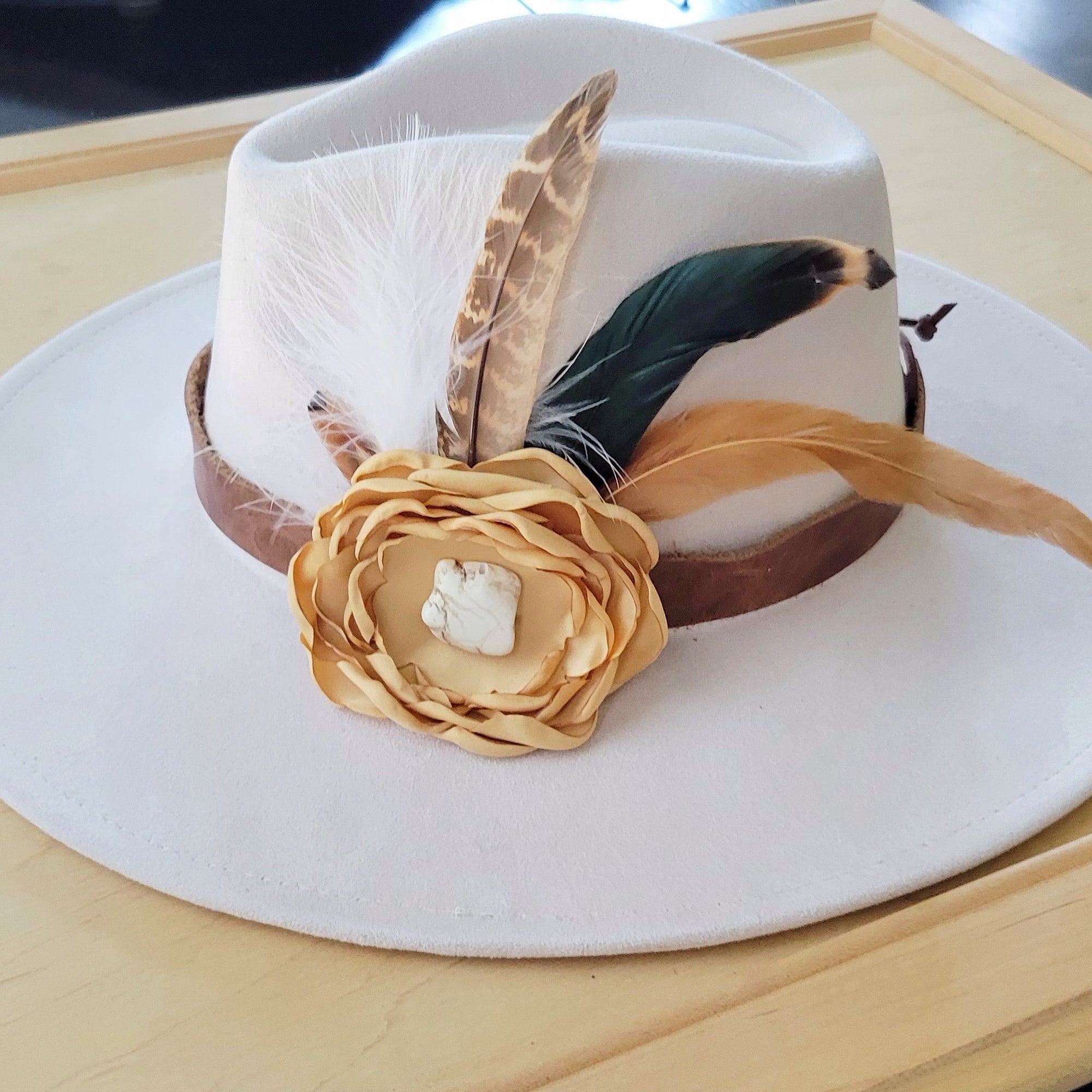 Leather Hat Band w/ Silk Flower &amp; Feathers-Gold (Band Only) 952x