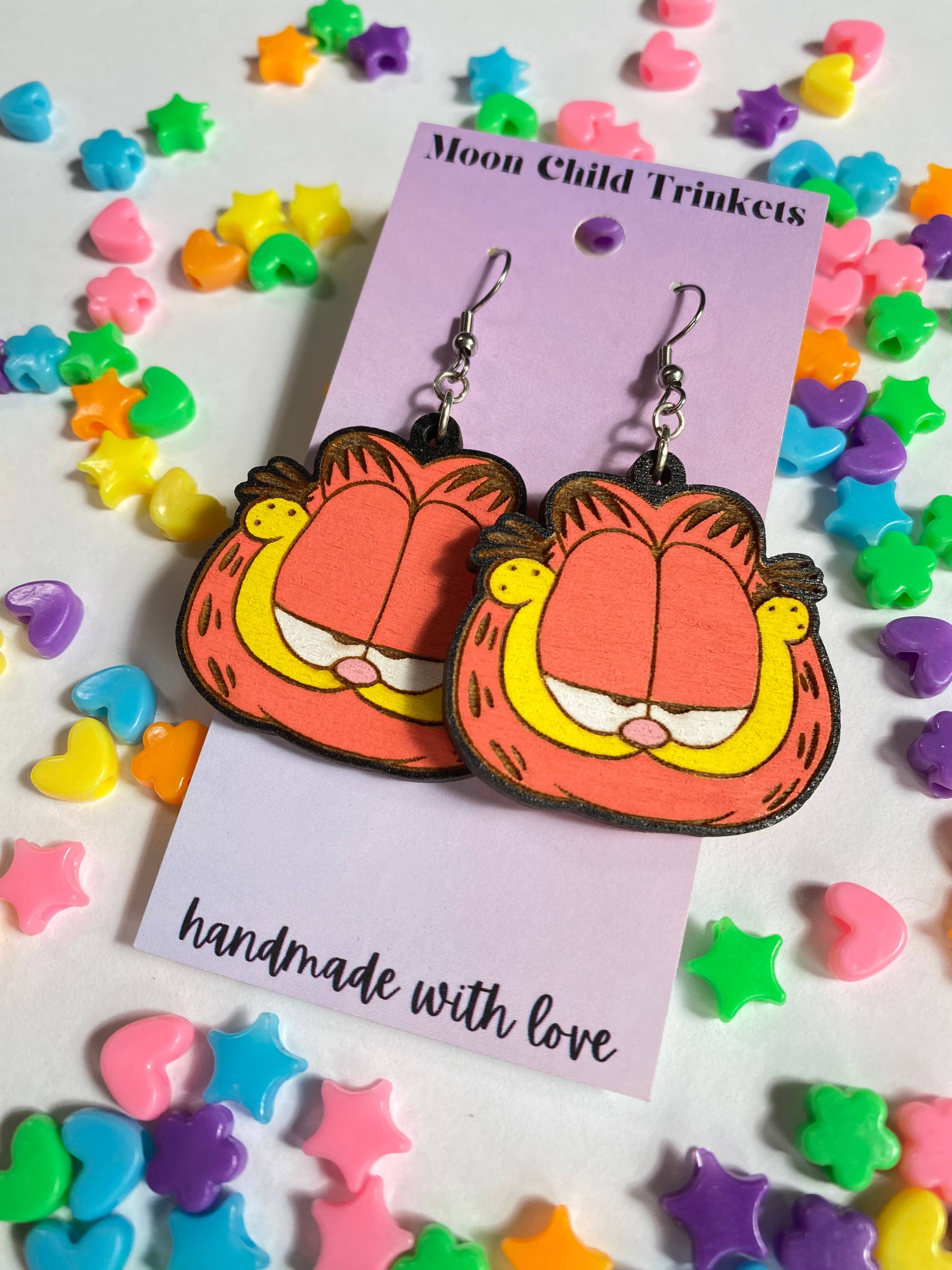 Garfield Cat Hand Painted Wood Dangle Earrings