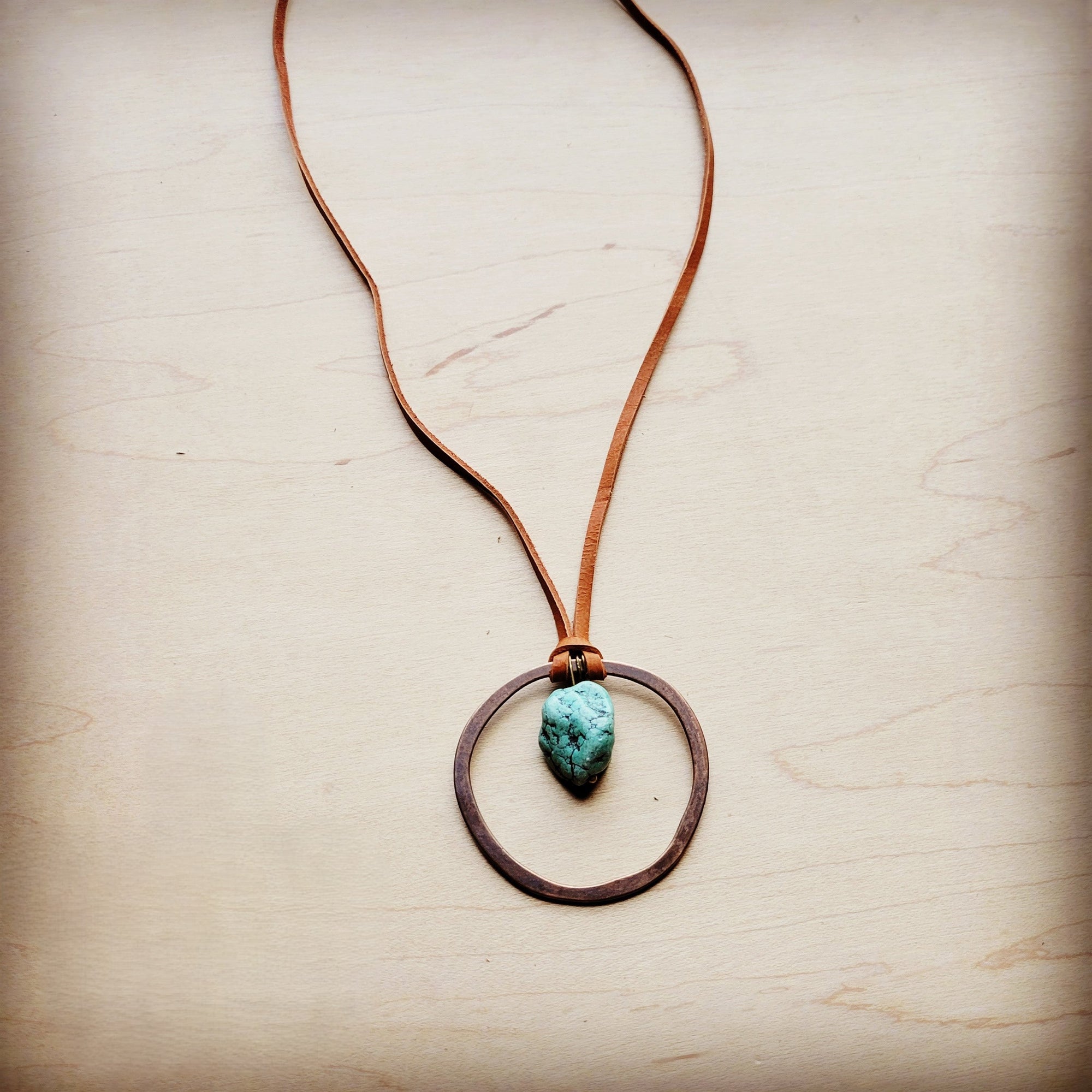 Leather Cord Necklace Antique Gold Hoop &amp; Natural Turquoise  254v
