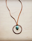Leather Cord Necklace Antique Gold Hoop & Natural Turquoise  254v