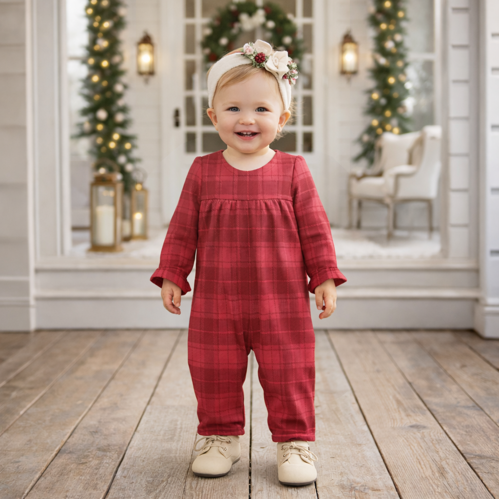 Red Plaid Baby Girl Romper With Ruffles &amp; Puff Sleeves