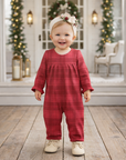 Red Plaid Baby Girl Romper With Ruffles & Puff Sleeves