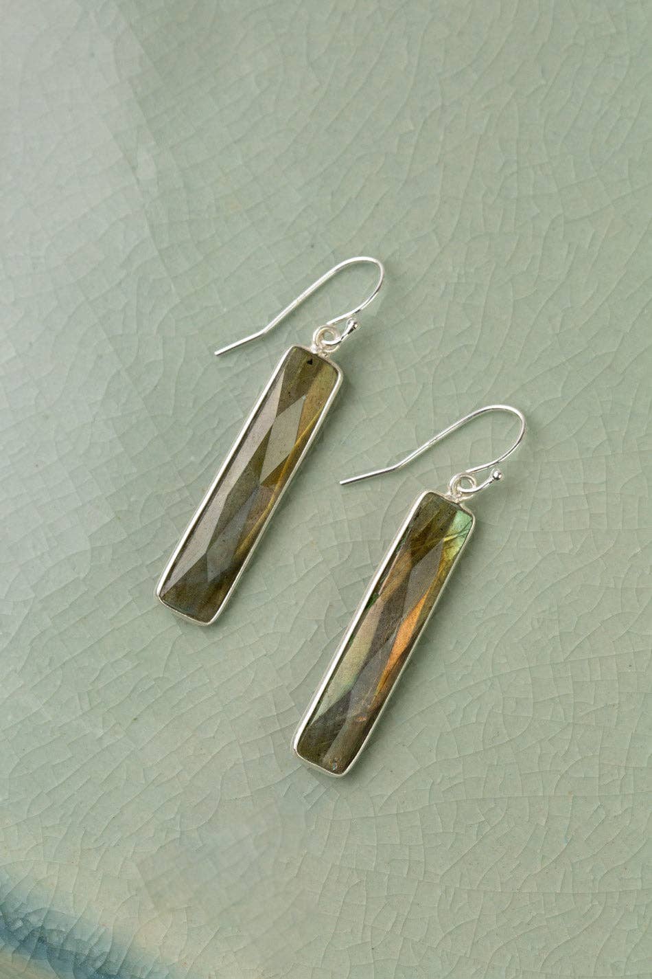 Blush Faceted Labradorite and Rectangle Bezel Earrings