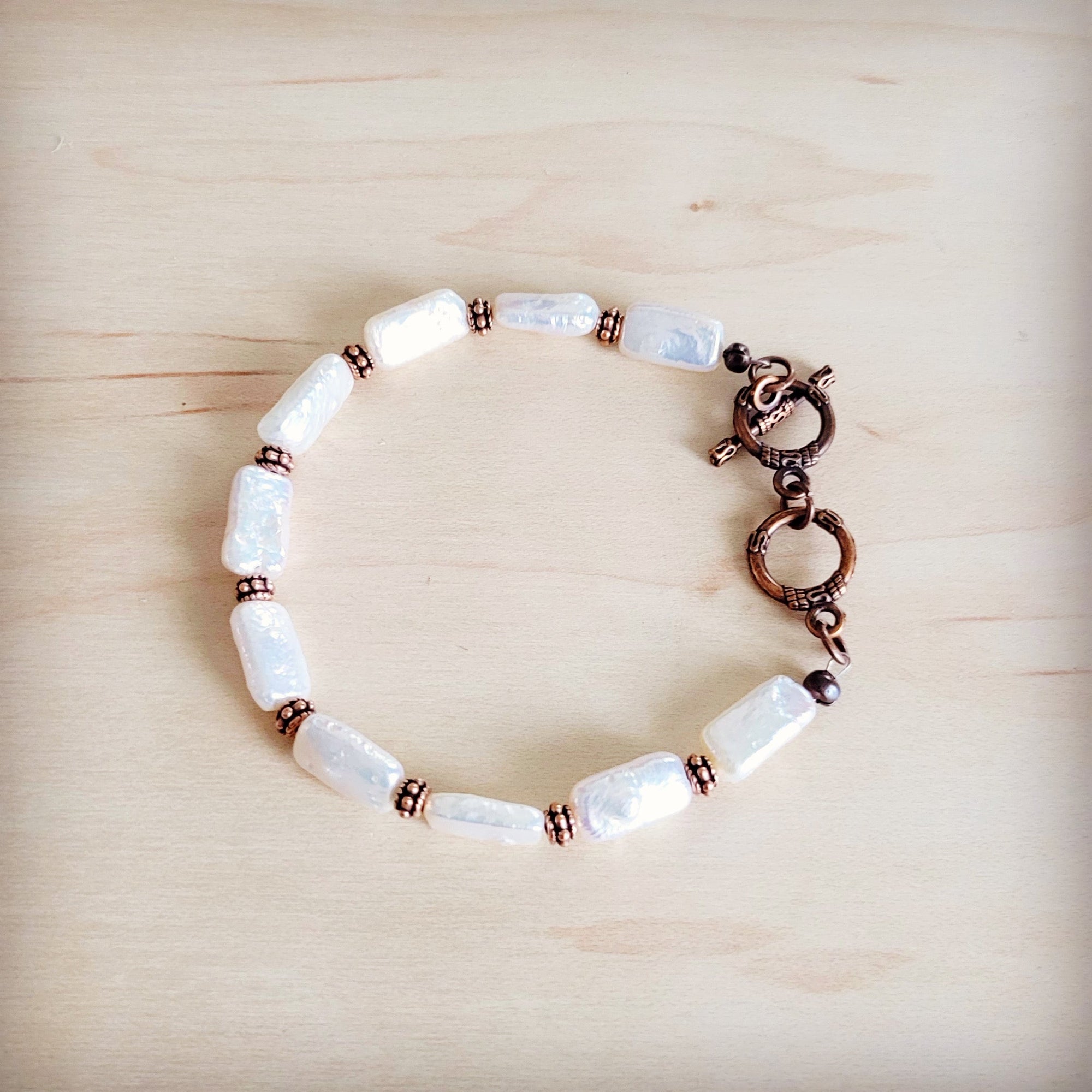 Genuine Rectangle Freshwater Pearl &amp; Copper Bracelet 812c