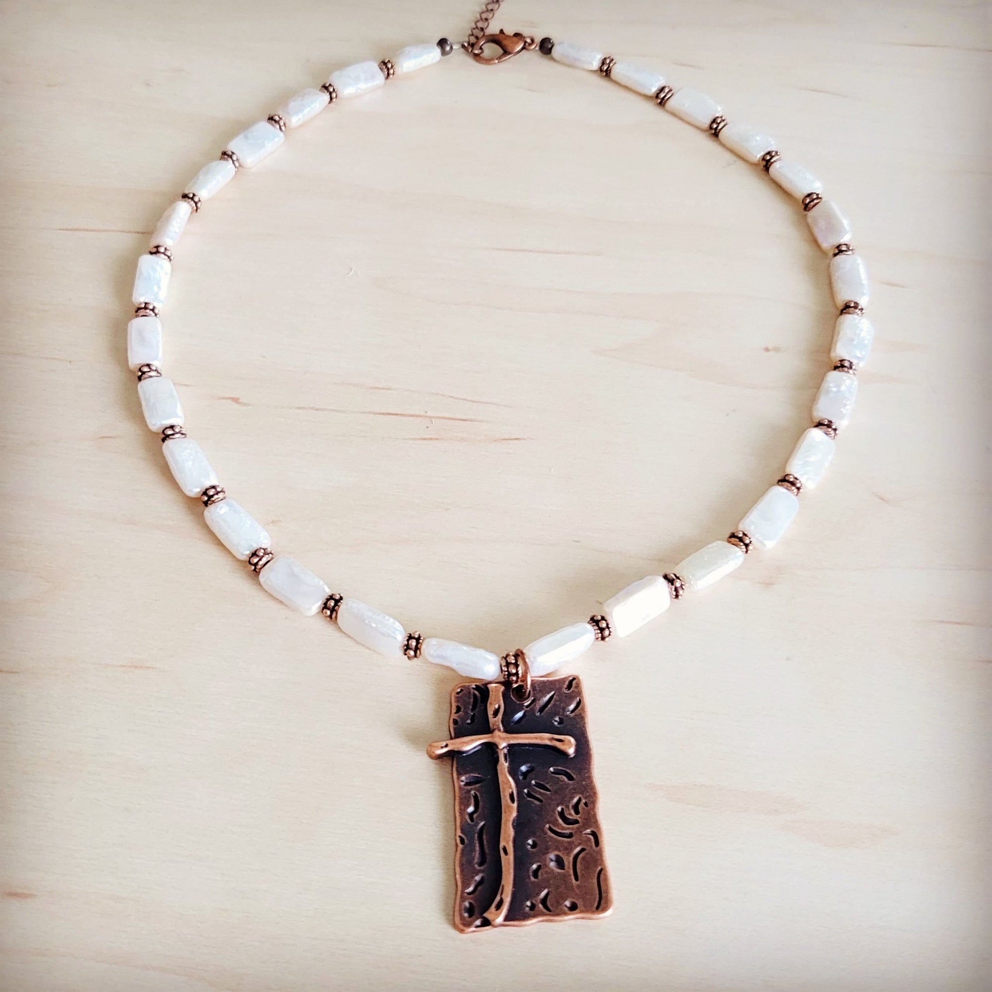 Rectangle Freshwater Pearl &amp; Copper Necklace w/ Antique Cross Pendant 264a