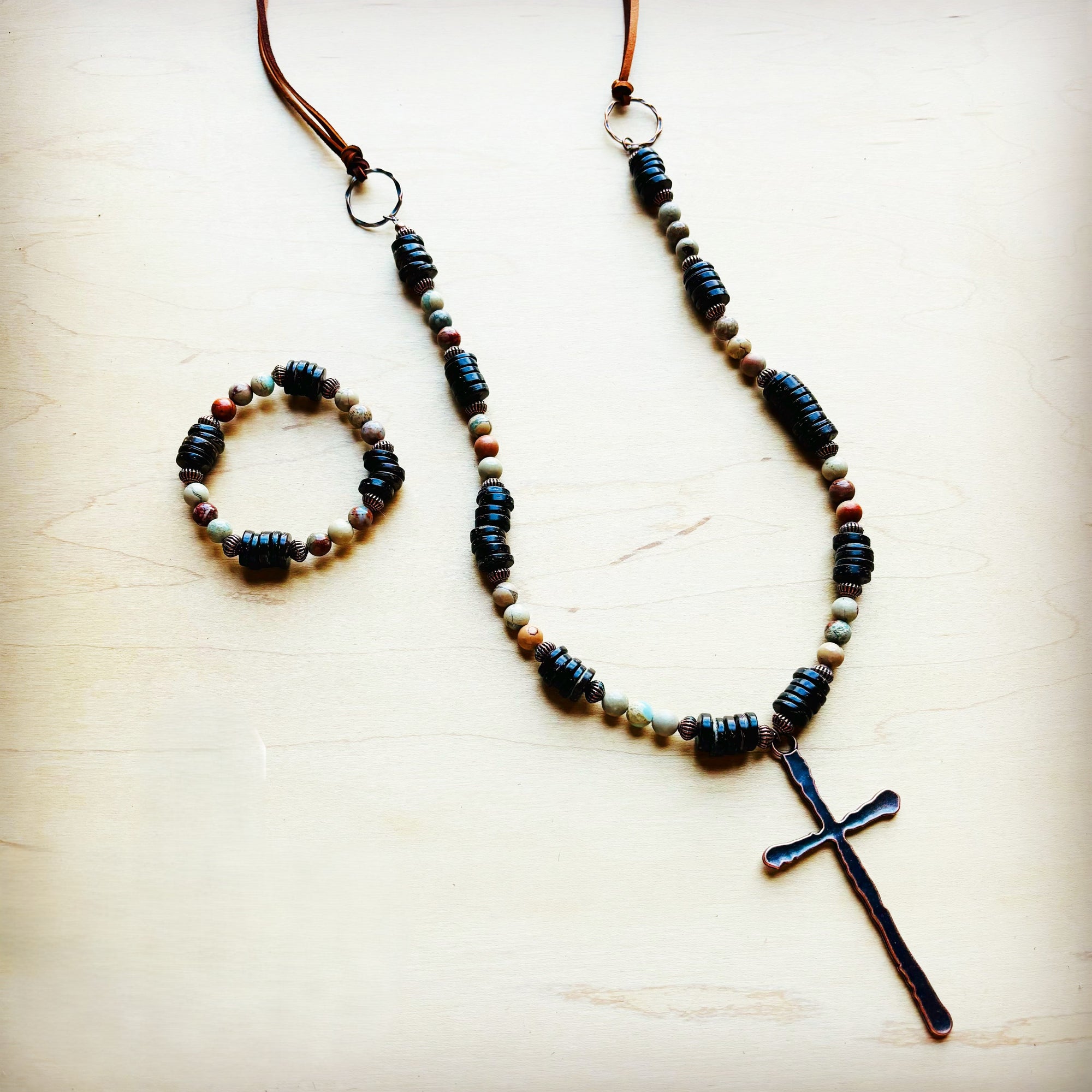 **Aqua Terra Wood Necklace with Copper Cross 237d