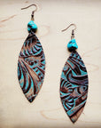 **Leather Oval Earrings in Brown Floral w/ Turquoise Accent 206r