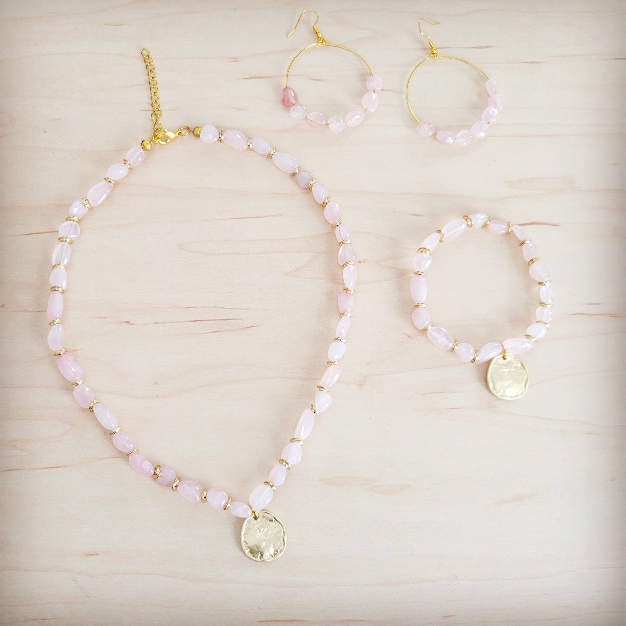 Rose Quartz Collar Necklace w/ Gold Coin Charm 263h