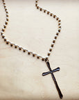White Turquoise Long Beaded Necklace with Antique Copper Cross 255s