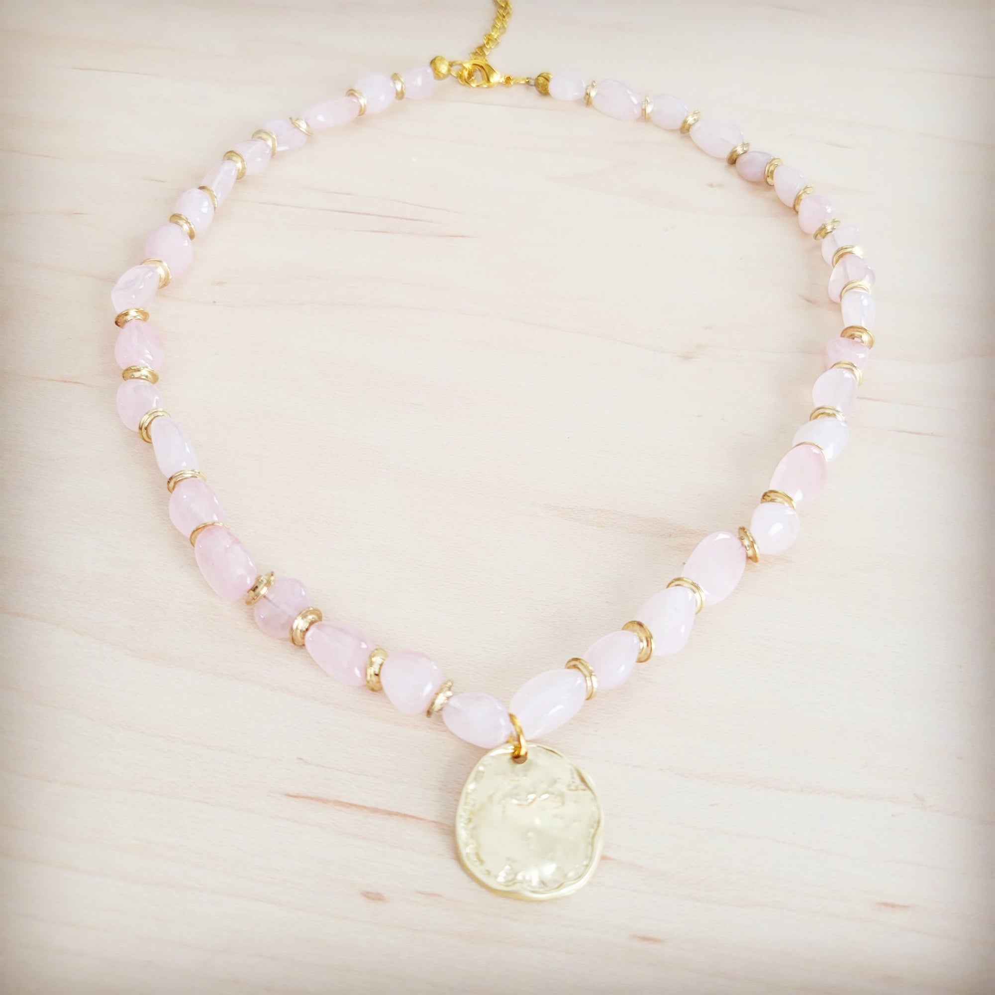 Rose Quartz Collar Necklace w/ Gold Coin Charm 263h
