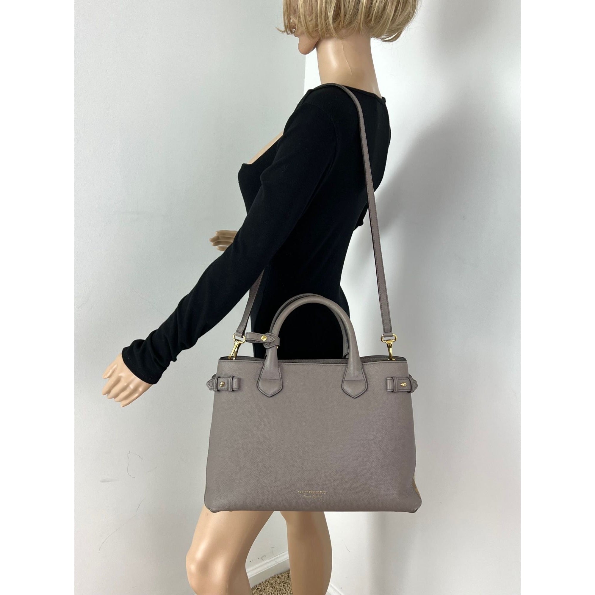 Burberry Banner House Check Leather Canvas Medium Hand Shoulder Bag