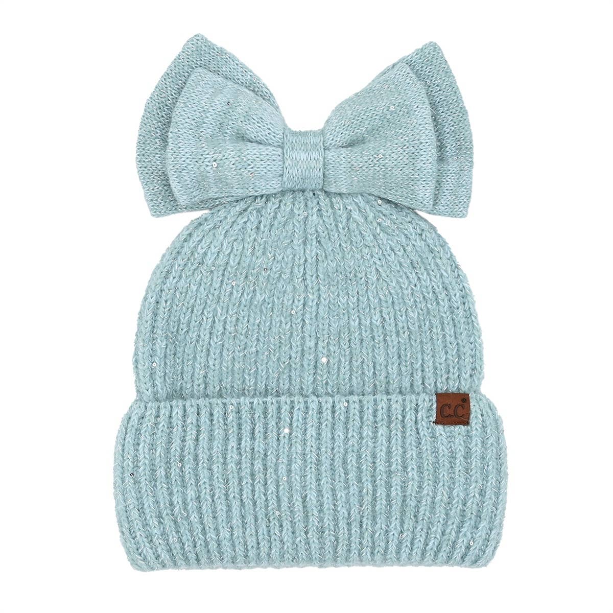 Sequin Ponytail Beanie with Top Bow - Light Blue