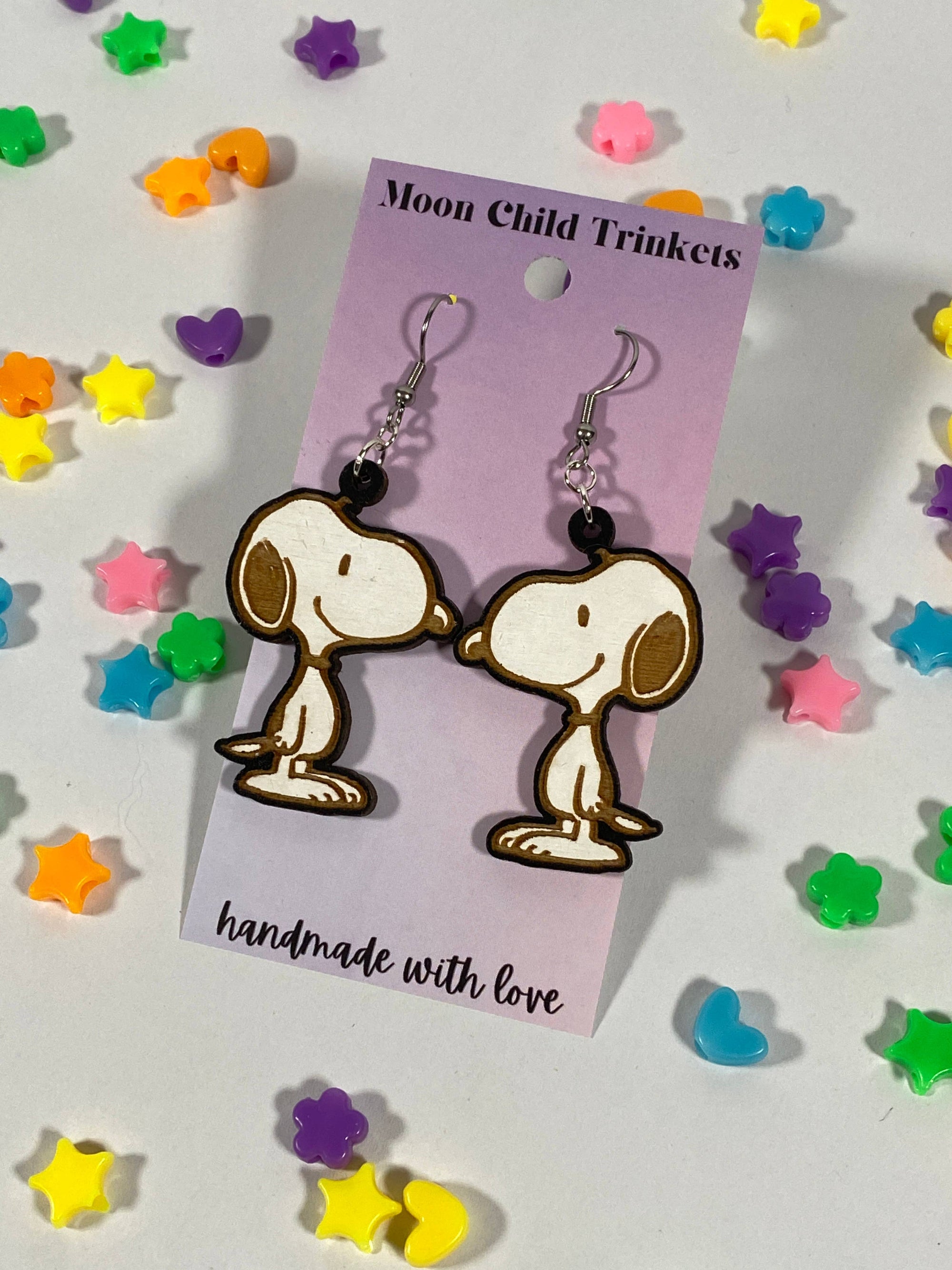 Cartoon Comic Beagle Dog Hand Painted Wood Dangle Earrings