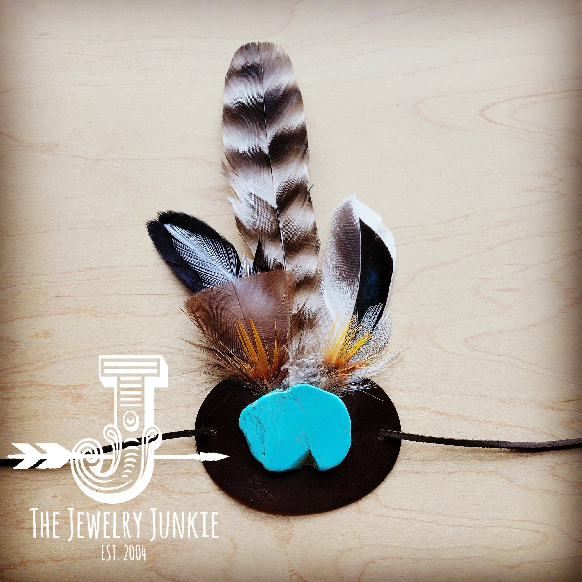 Blue Turquoise, Tan Feather &amp; Leather Hat Band (Band Only) 981a