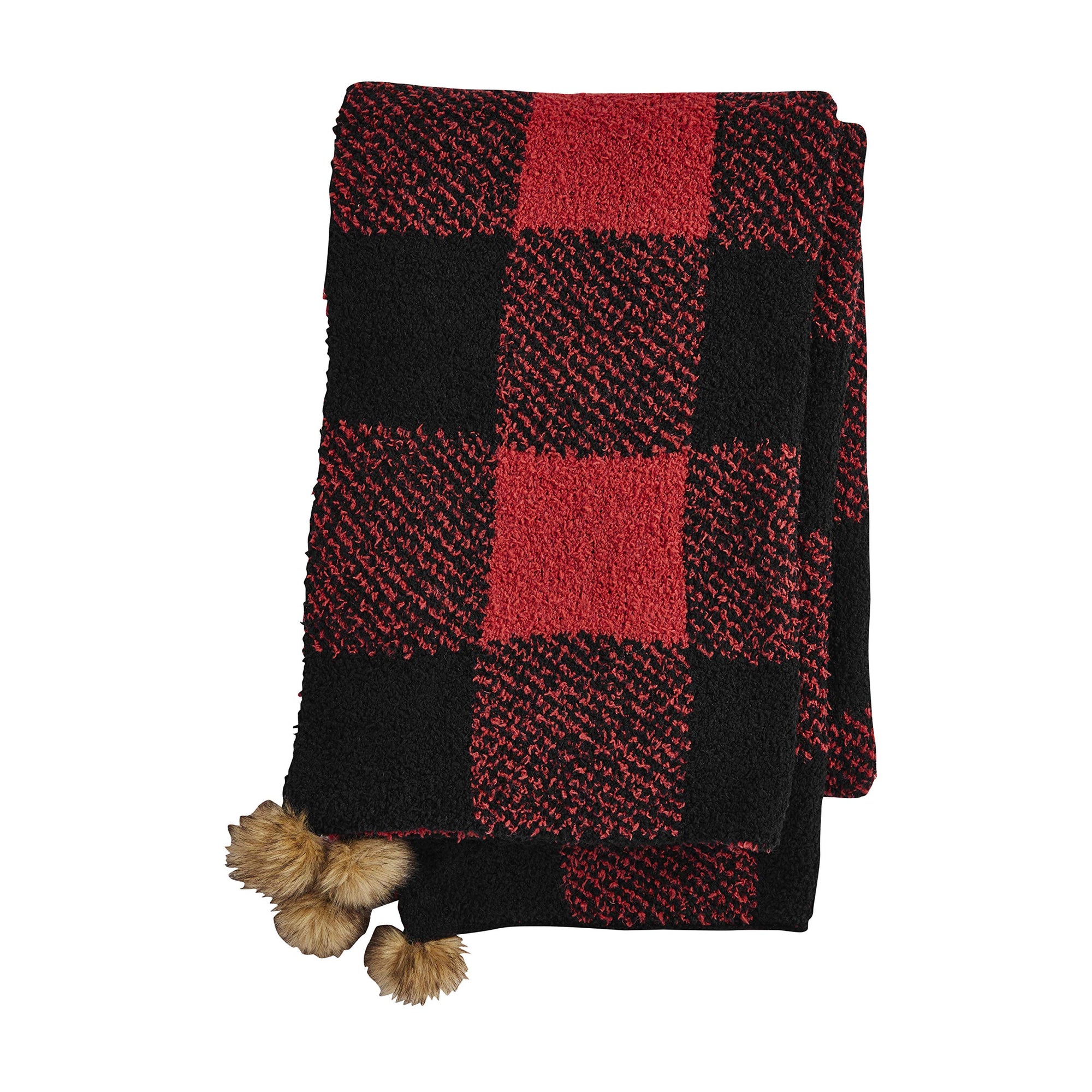 Mud Pie Red Check Chenille Pom Pom Scarf