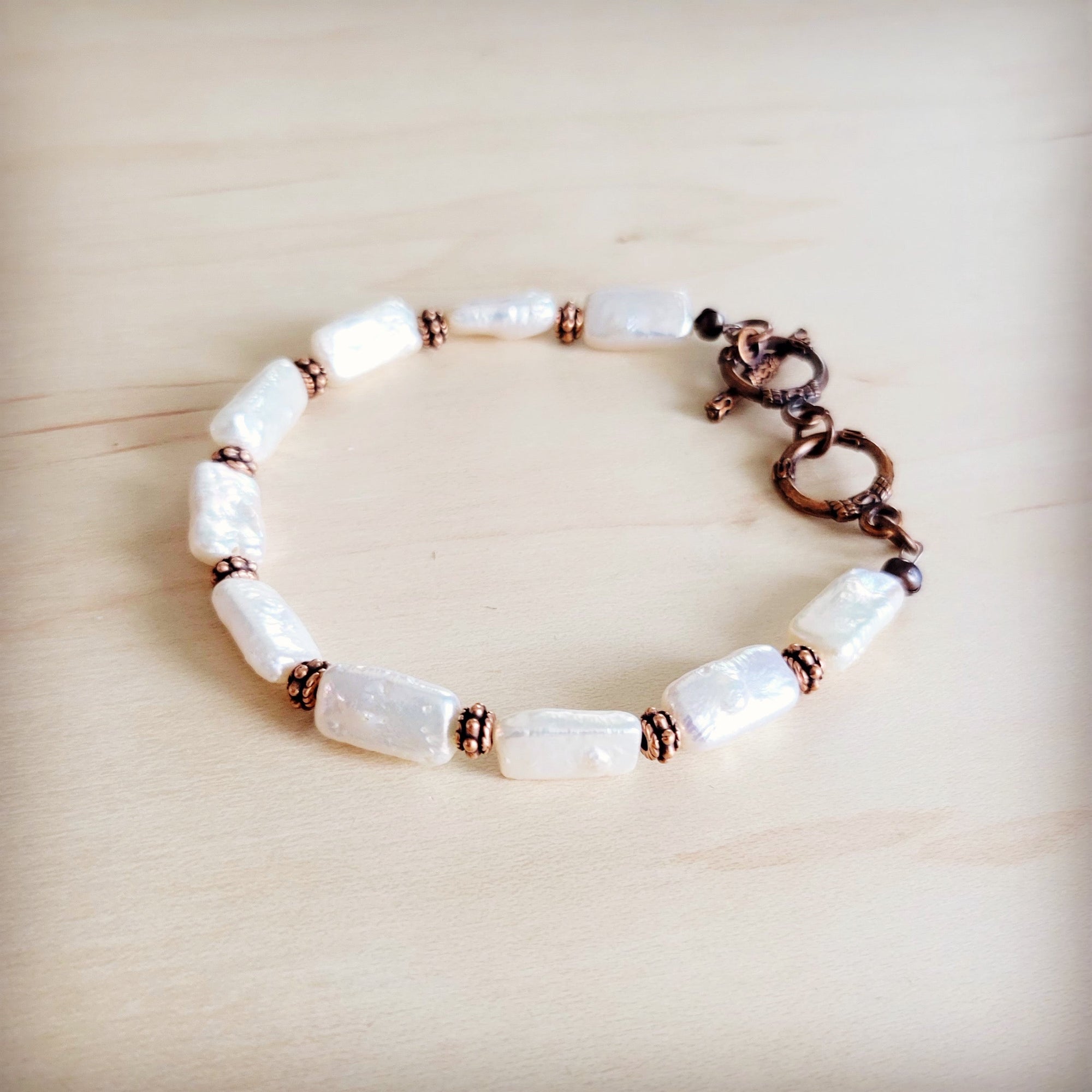 Genuine Rectangle Freshwater Pearl &amp; Copper Bracelet 812c