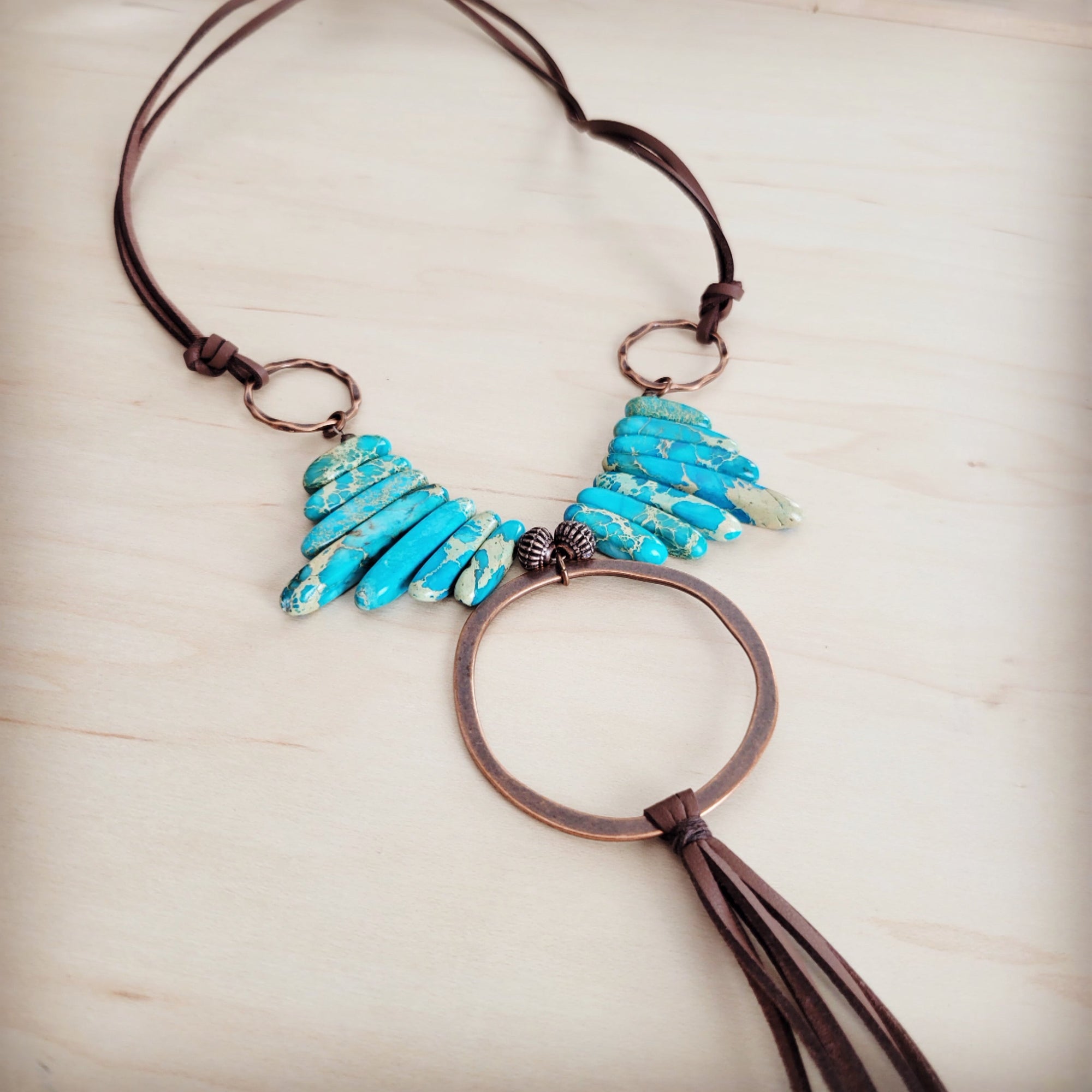Imperial Jasper Slab Necklace w/ Copper Hoop &amp; Tassel 252h