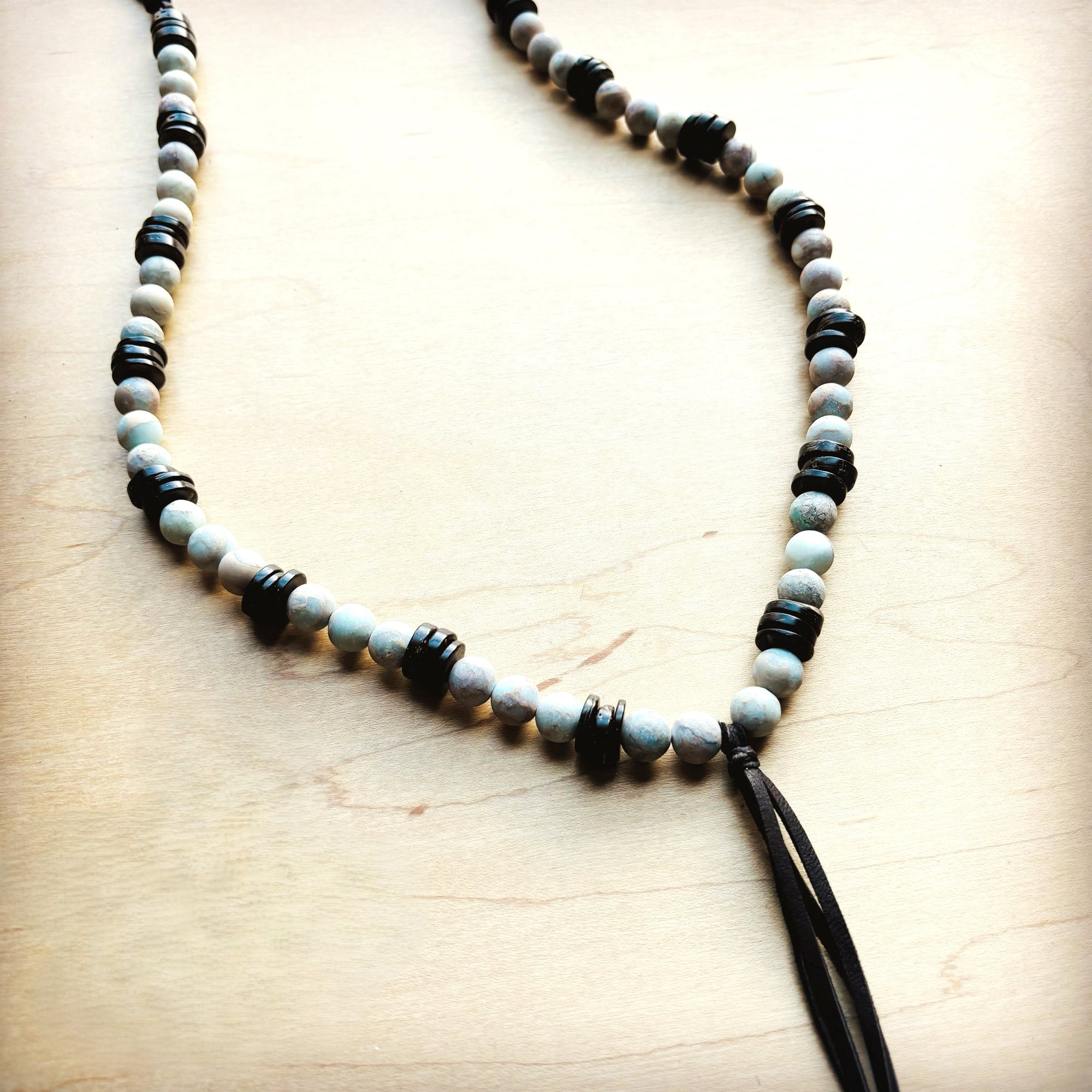 **Frosted Aqua Terra Necklace w/ Wood Beads &amp; Leather Tassel 258a